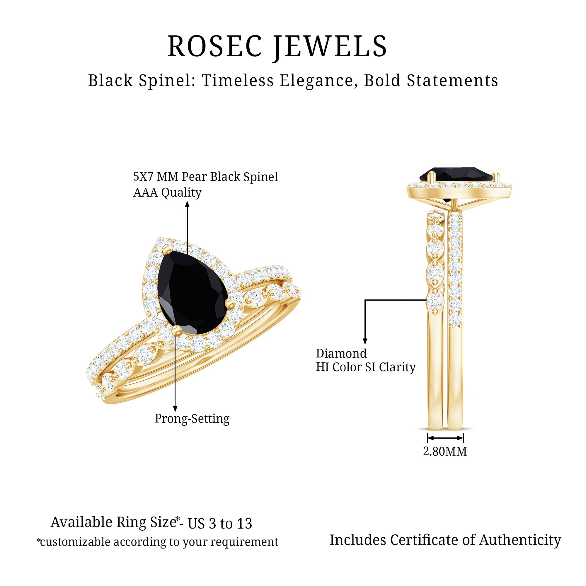 Natural Pear Shape Black Spinel Diamond Wedding Engagement Ring Set of 2 AAA - Rosec Jewels