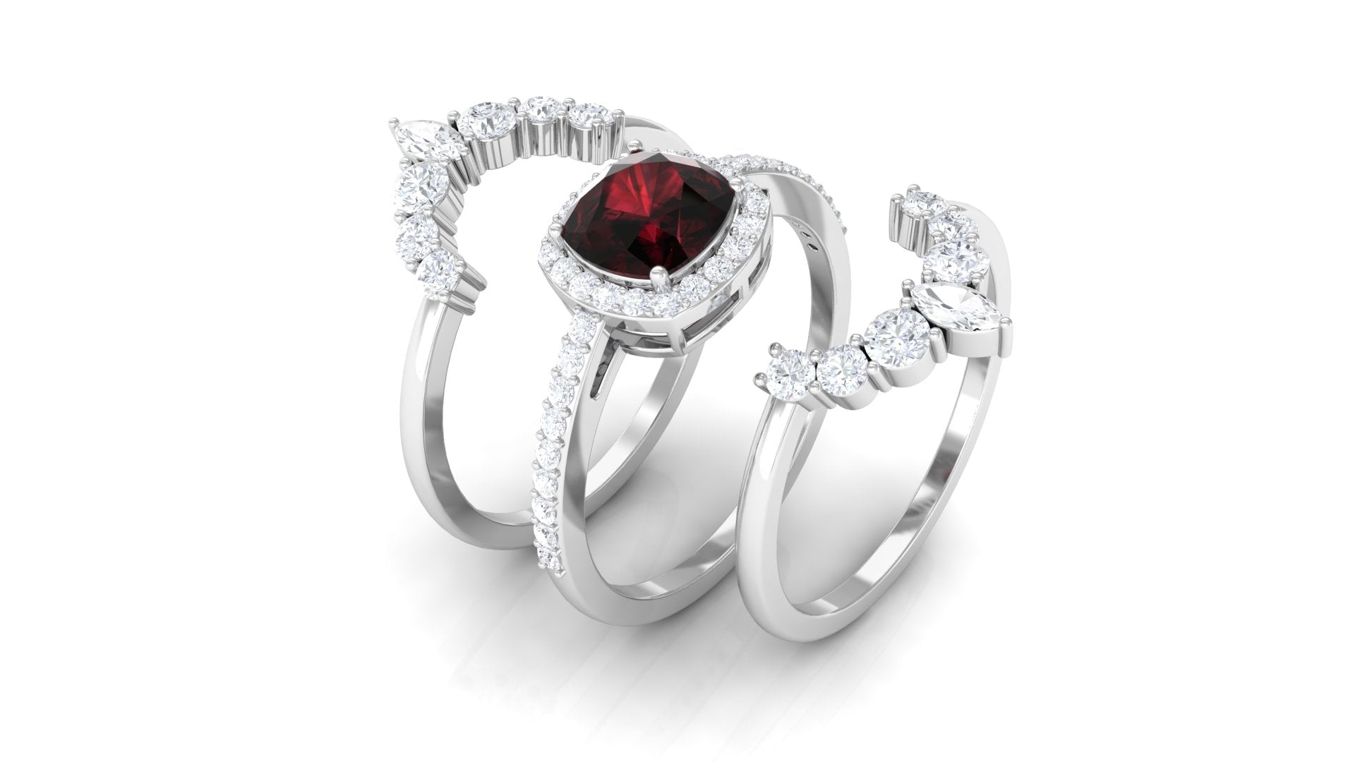 Natural 8mm Cushion Cut Garnet Statement Bridal Ring Set AAA - Rosec Jewels
