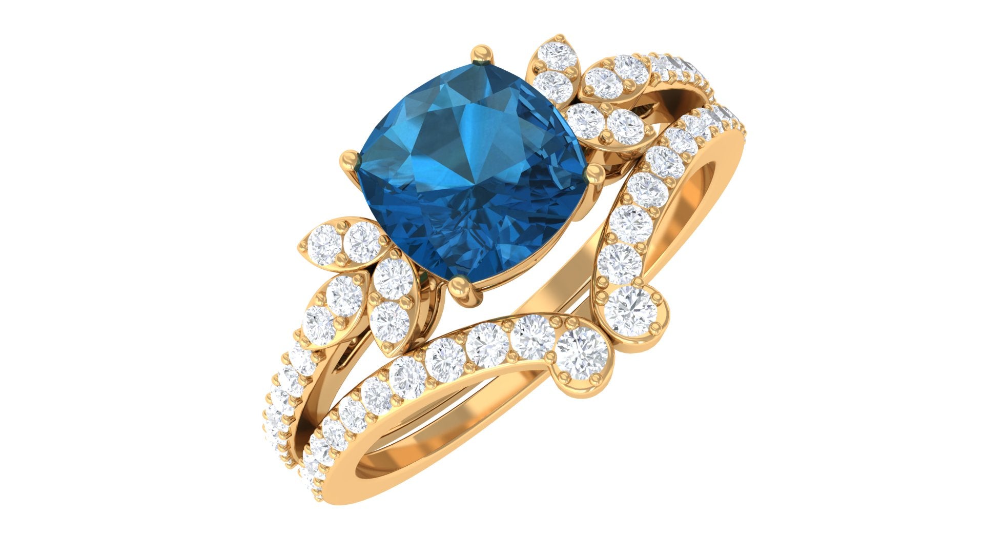 Cushion Cut London Blue Topaz Designer Wedding Ring Set with Diamond Band AAA - Rosec Jewels