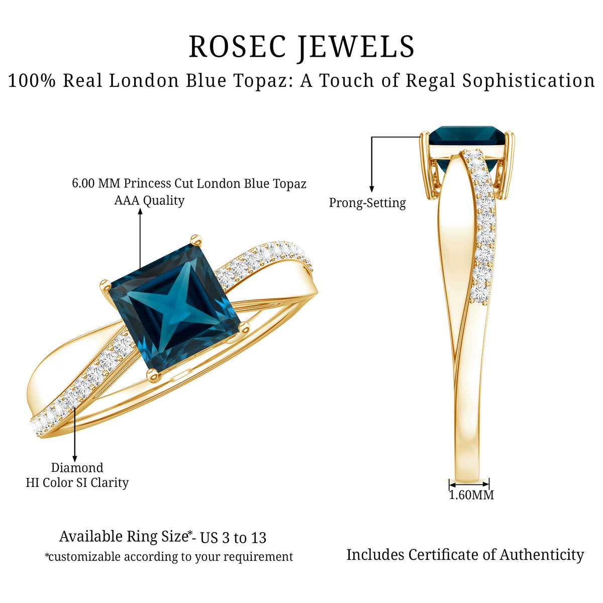 1 Carat Princess Cut London Blue Topaz Solitaire Engagement Ring For Women AAA - Rosec Jewels