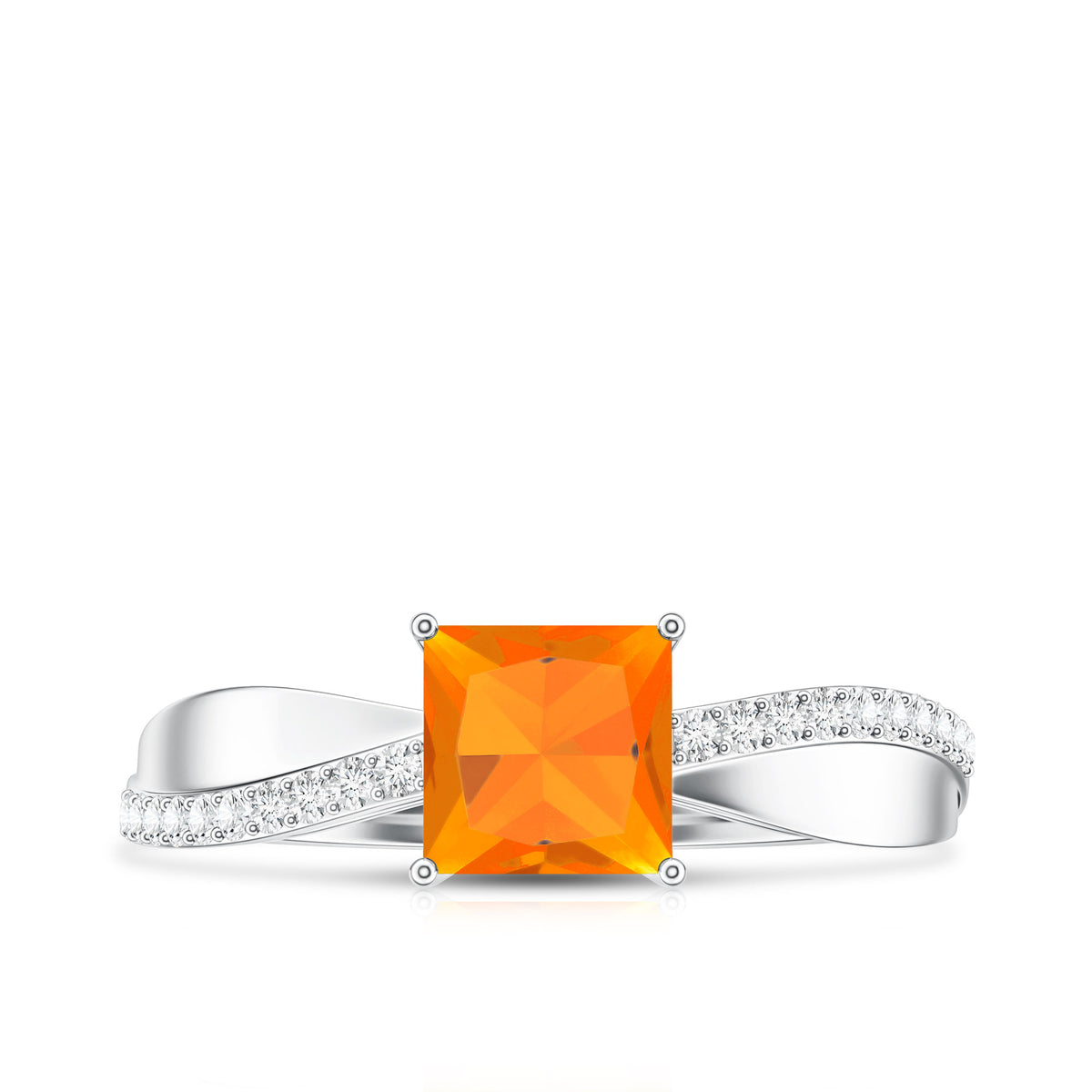 Princess Cut Fire Opal Solitaire Engagement Ring with Diamond AAA - Rosec Jewels