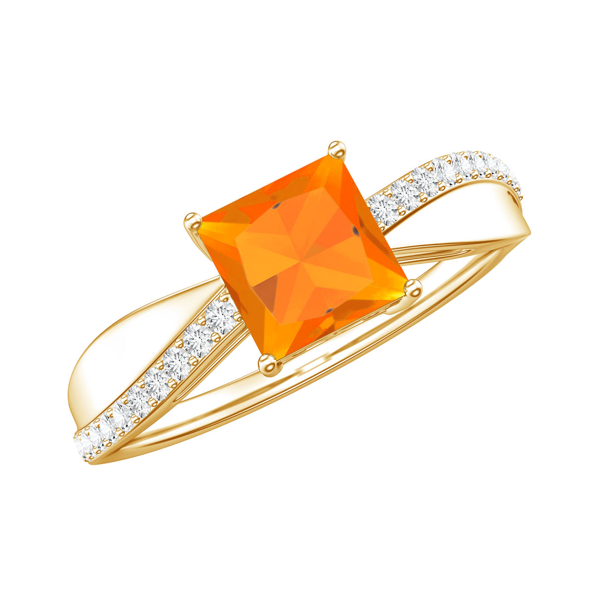 Princess Cut Fire Opal Solitaire Engagement Ring with Diamond AAA - Rosec Jewels