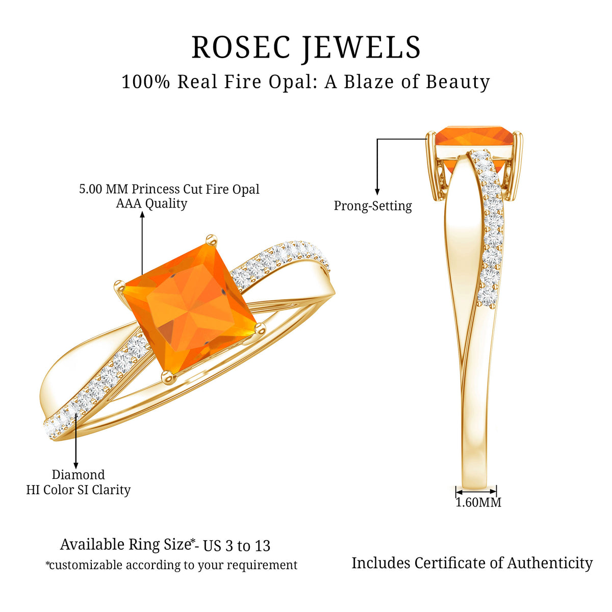 Princess Cut Fire Opal Solitaire Engagement Ring with Diamond AAA - Rosec Jewels