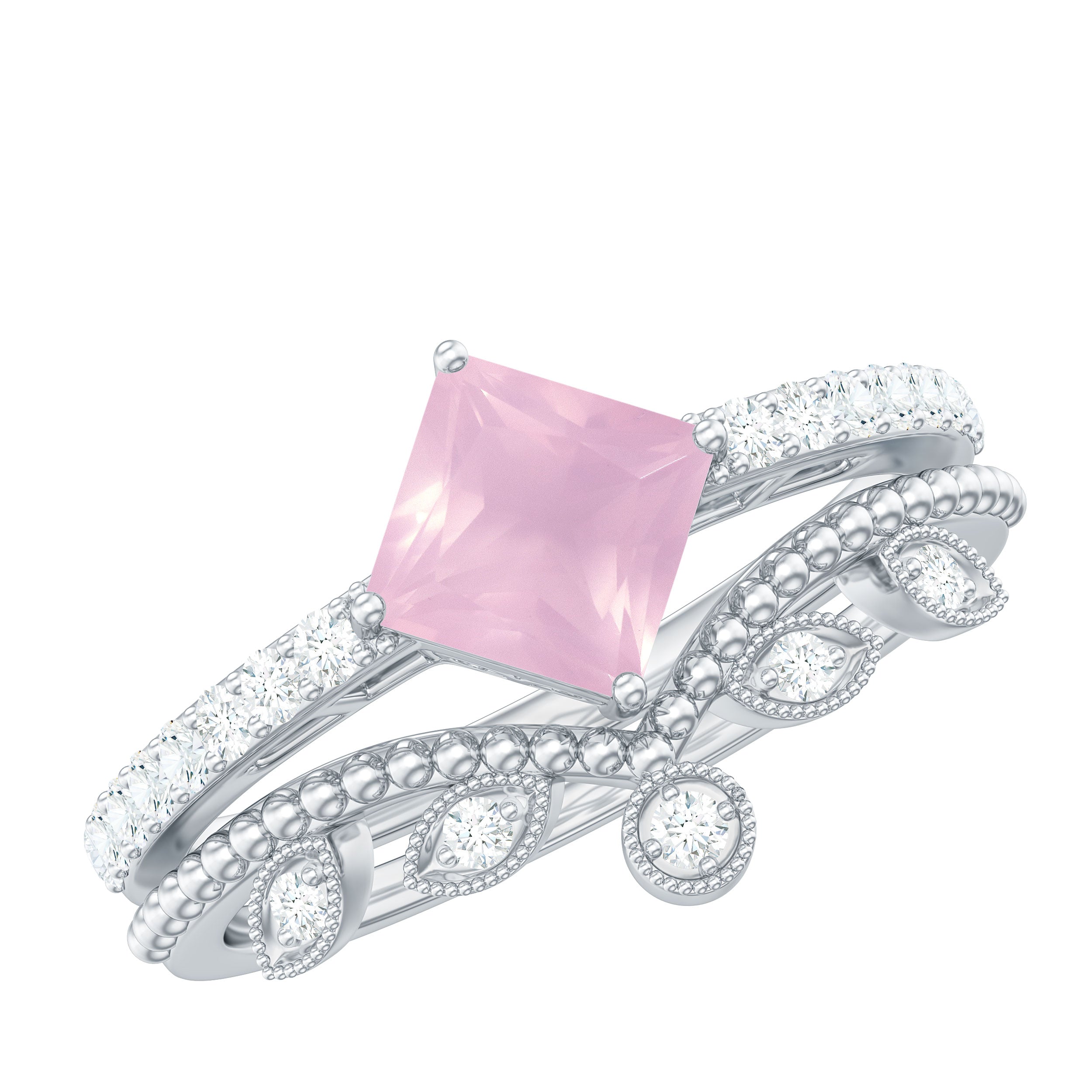 Princess Cut Rose Quartz Vintage Inspired Ring Set with Diamond Rose Quartz - ( AAA ) - Quality - Rosec Jewels