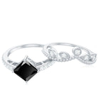 5mm Princess Cut Black Onyx Engagement Ring with Diamond Wedding Band AAA - Rosec Jewels