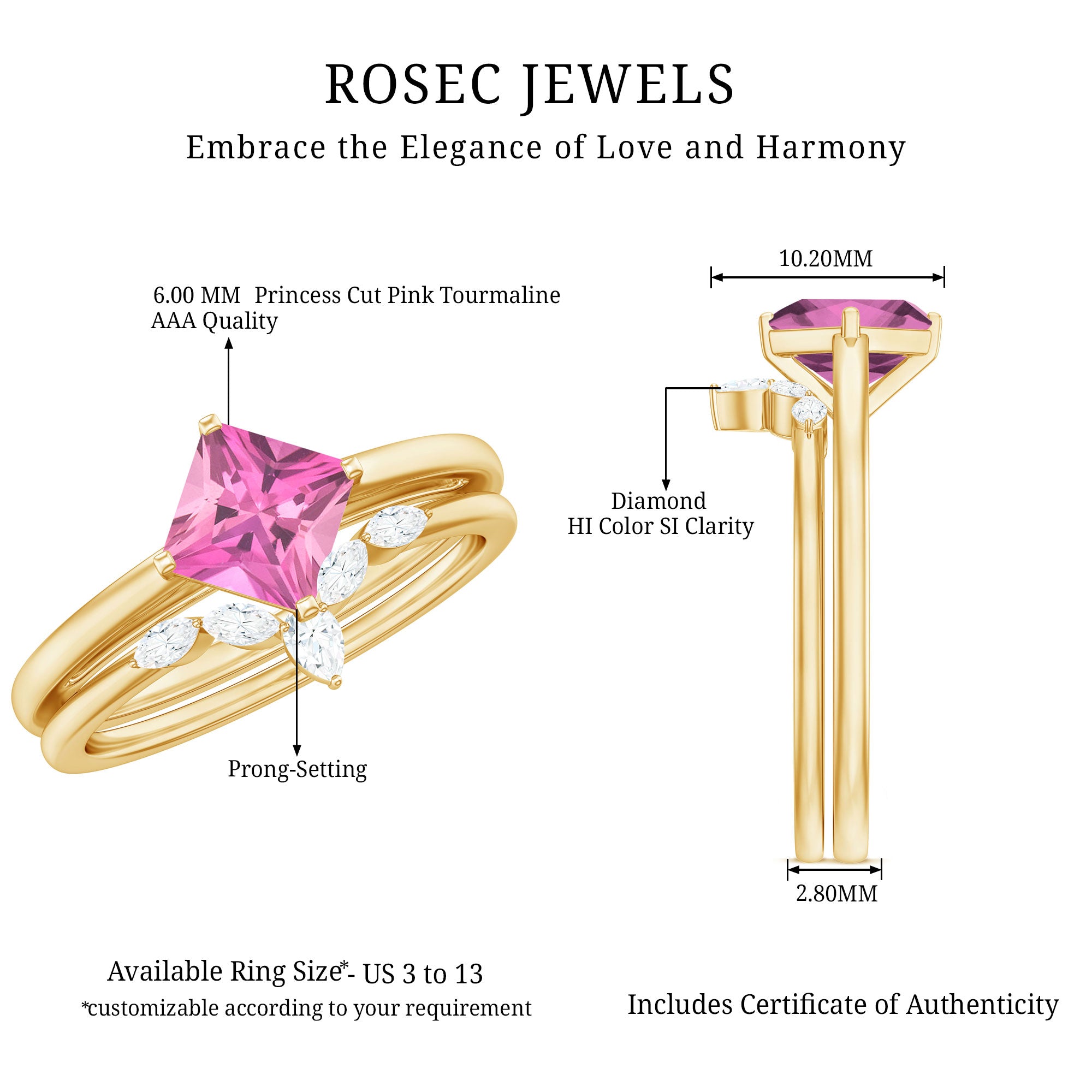 Princess Cut Pink Tourmaline Solitaire Ring Set with Diamond AAA - Rosec Jewels