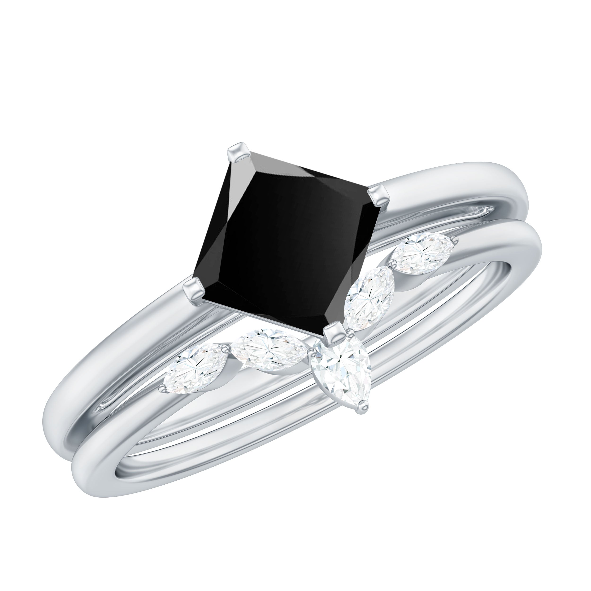 5mm Princess Cut Black Onyx Solitaire Rings Set with Diamond Enhancer AAA - Rosec Jewels