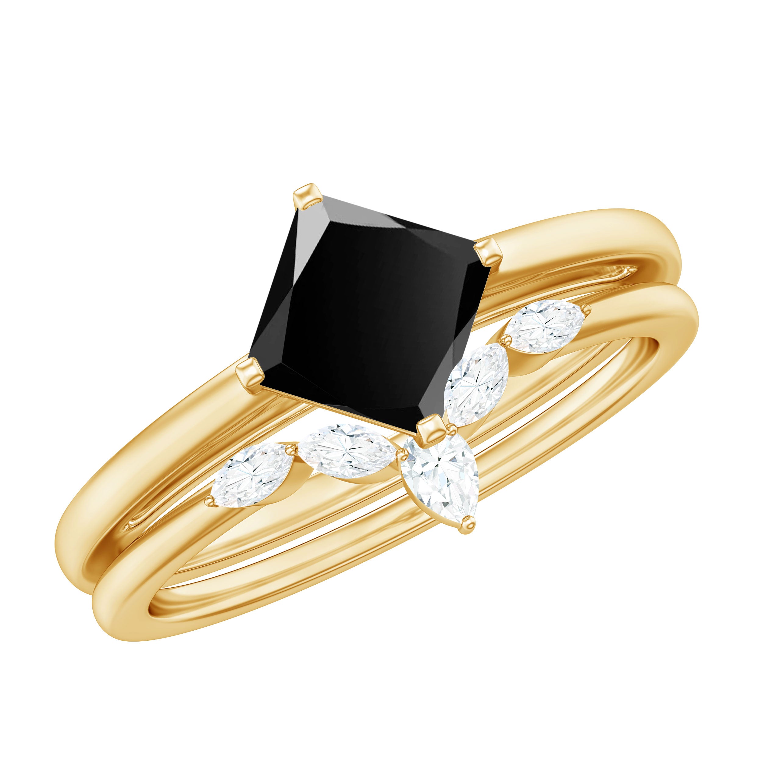 5mm Princess Cut Black Onyx Solitaire Rings Set with Diamond Enhancer AAA - Rosec Jewels