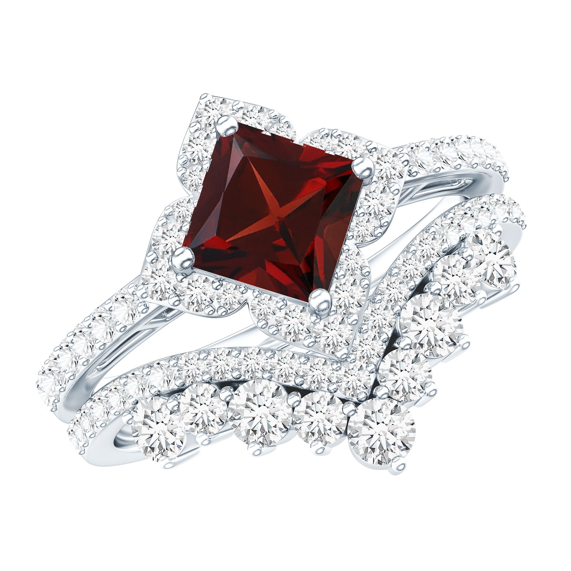 Princess Cut Garnet Designer Wedding Ring Set with Moissanite AAA - Rosec Jewels