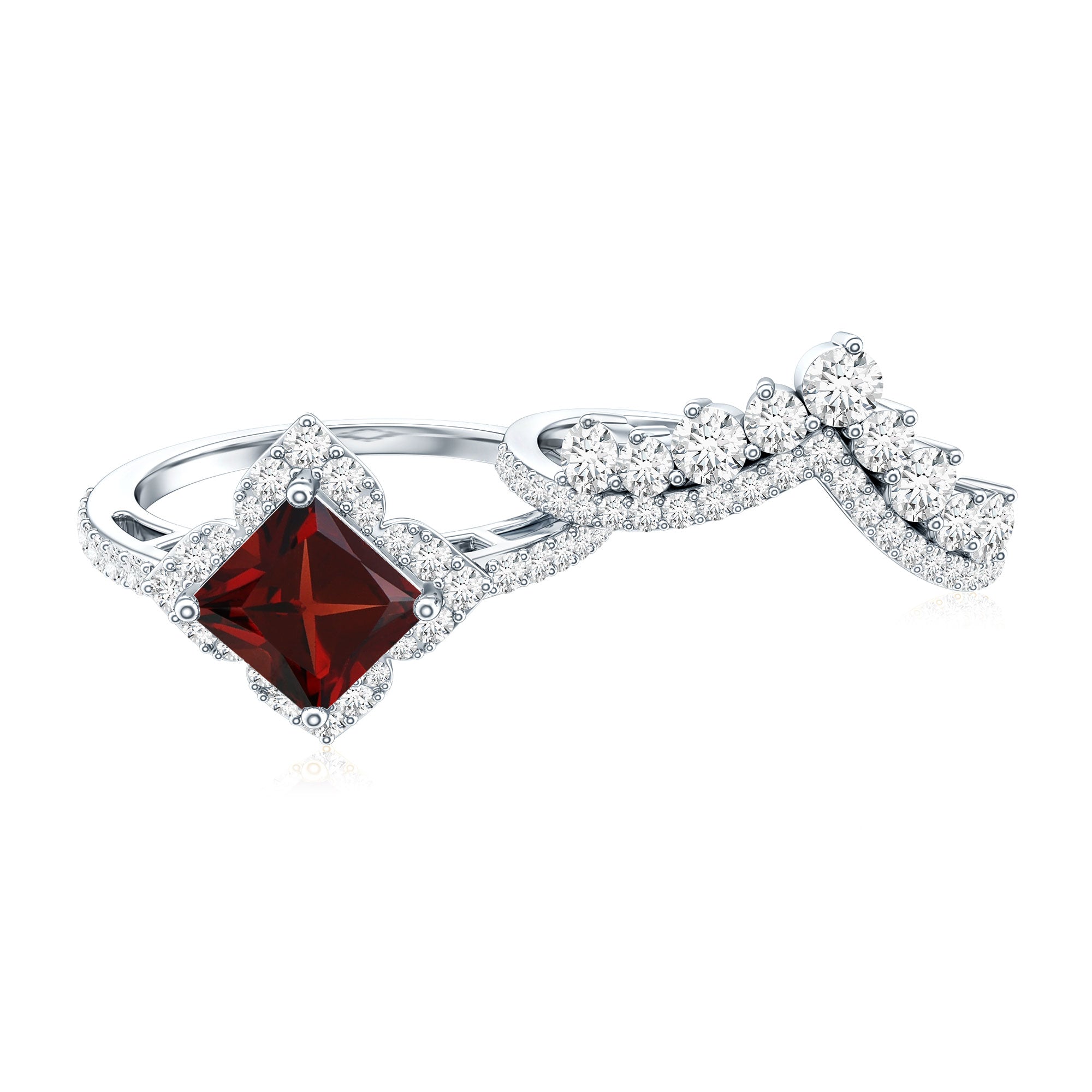 Princess Cut Garnet Designer Wedding Ring Set with Moissanite AAA - Rosec Jewels