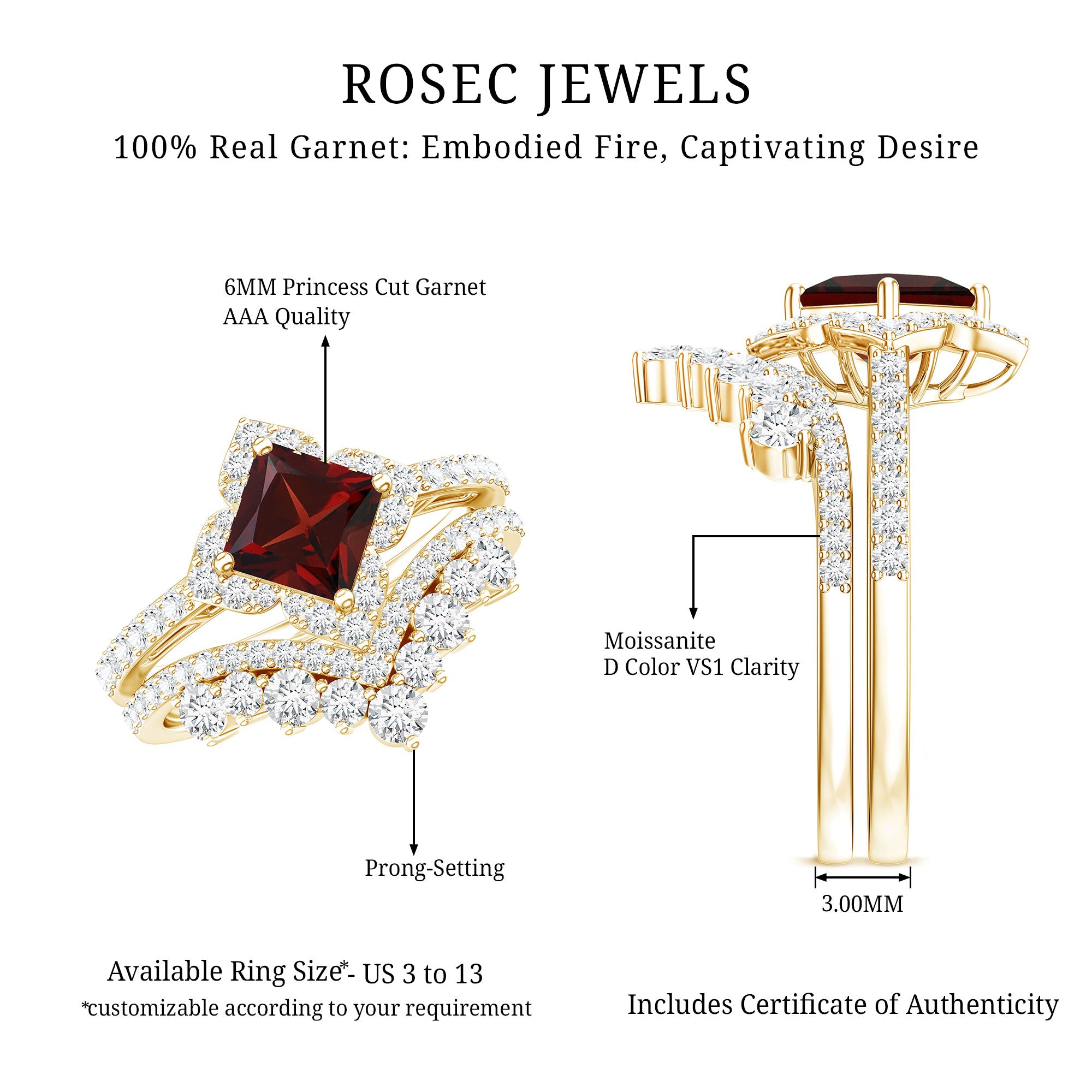 Princess Cut Garnet Designer Wedding Ring Set with Moissanite AAA - Rosec Jewels
