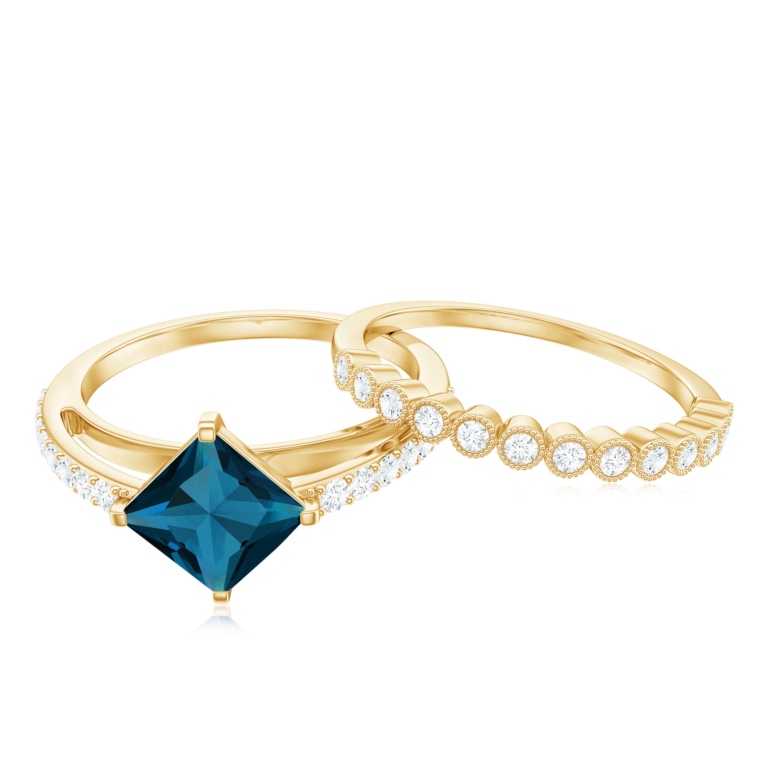 Genuine London Blue Topaz Designer Engagement Ring with Diamond Wedding Band AAA - Rosec Jewels