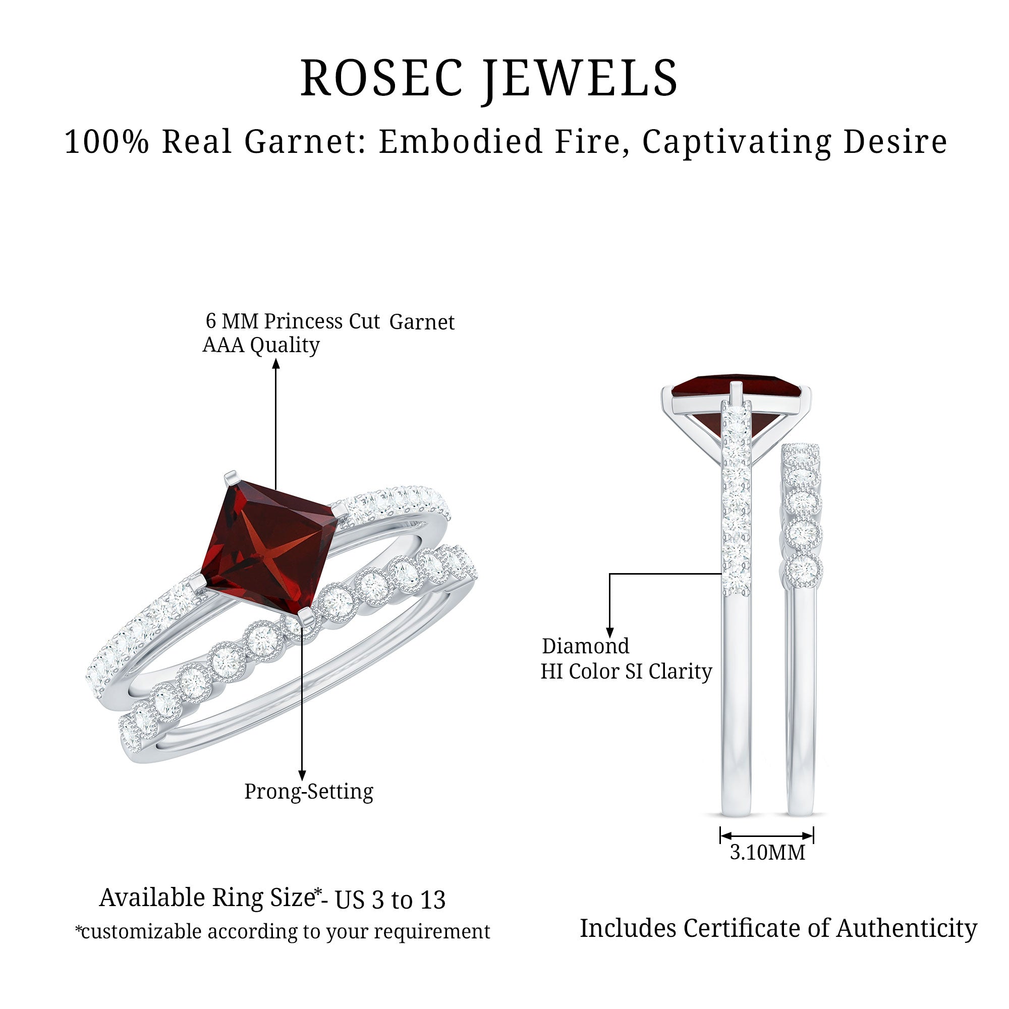 Princess Cut Garnet and Diamond Wedding Ring Set for Women AAA - Rosec Jewels