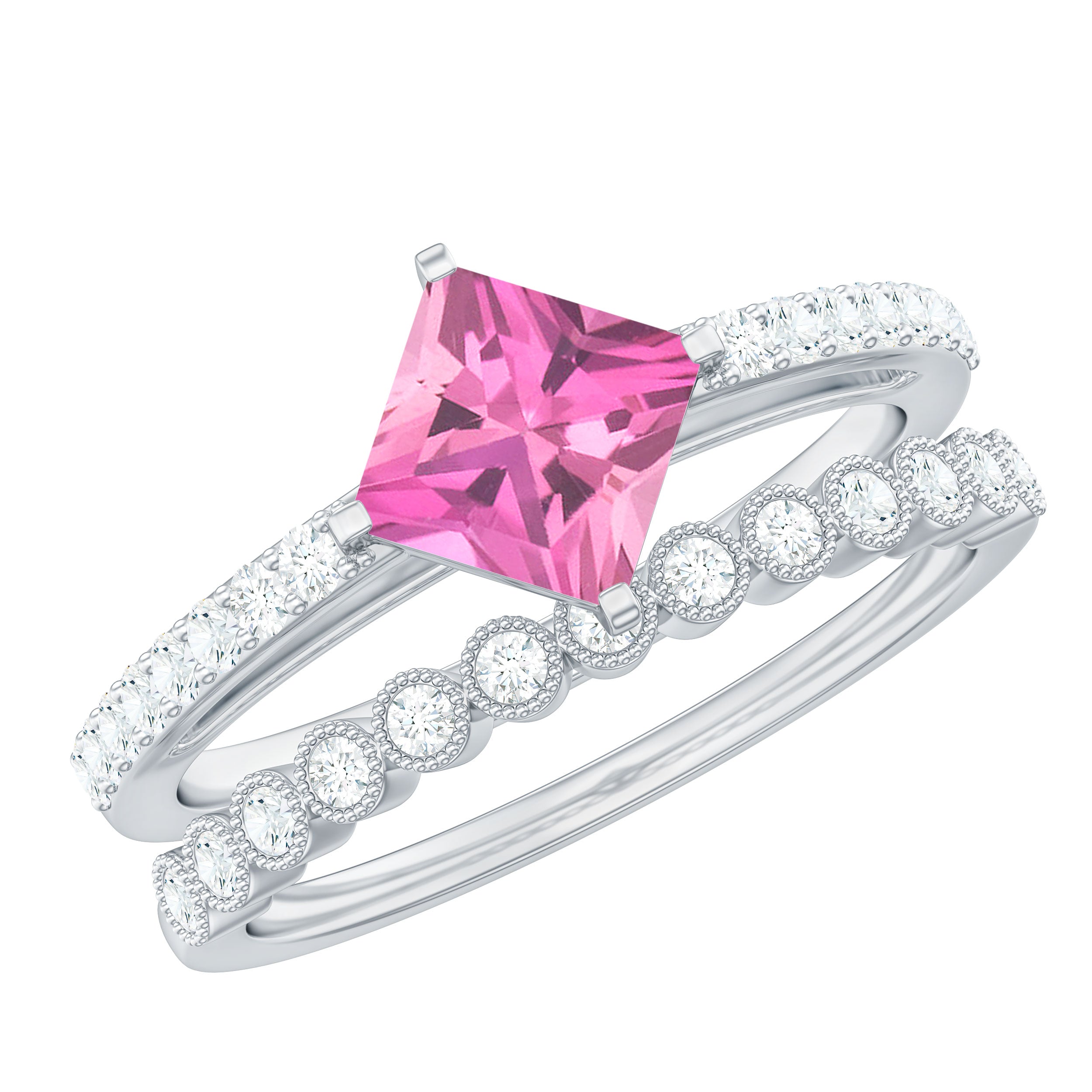1 Carat Princess Cut Pink Tourmaline Ring with Diamond Wedding Band AAA - Rosec Jewels