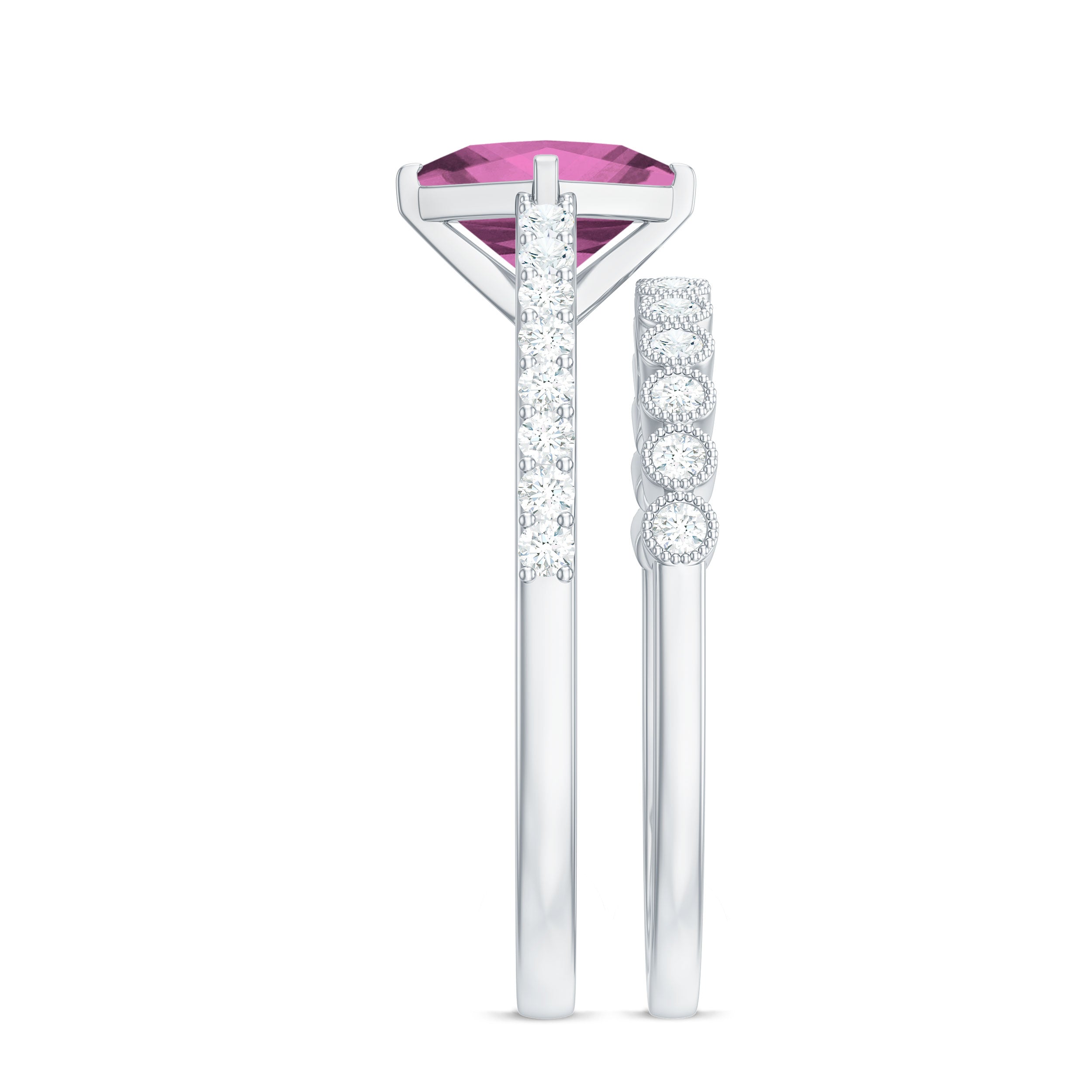 1 Carat Princess Cut Pink Tourmaline Ring with Diamond Wedding Band AAA - Rosec Jewels