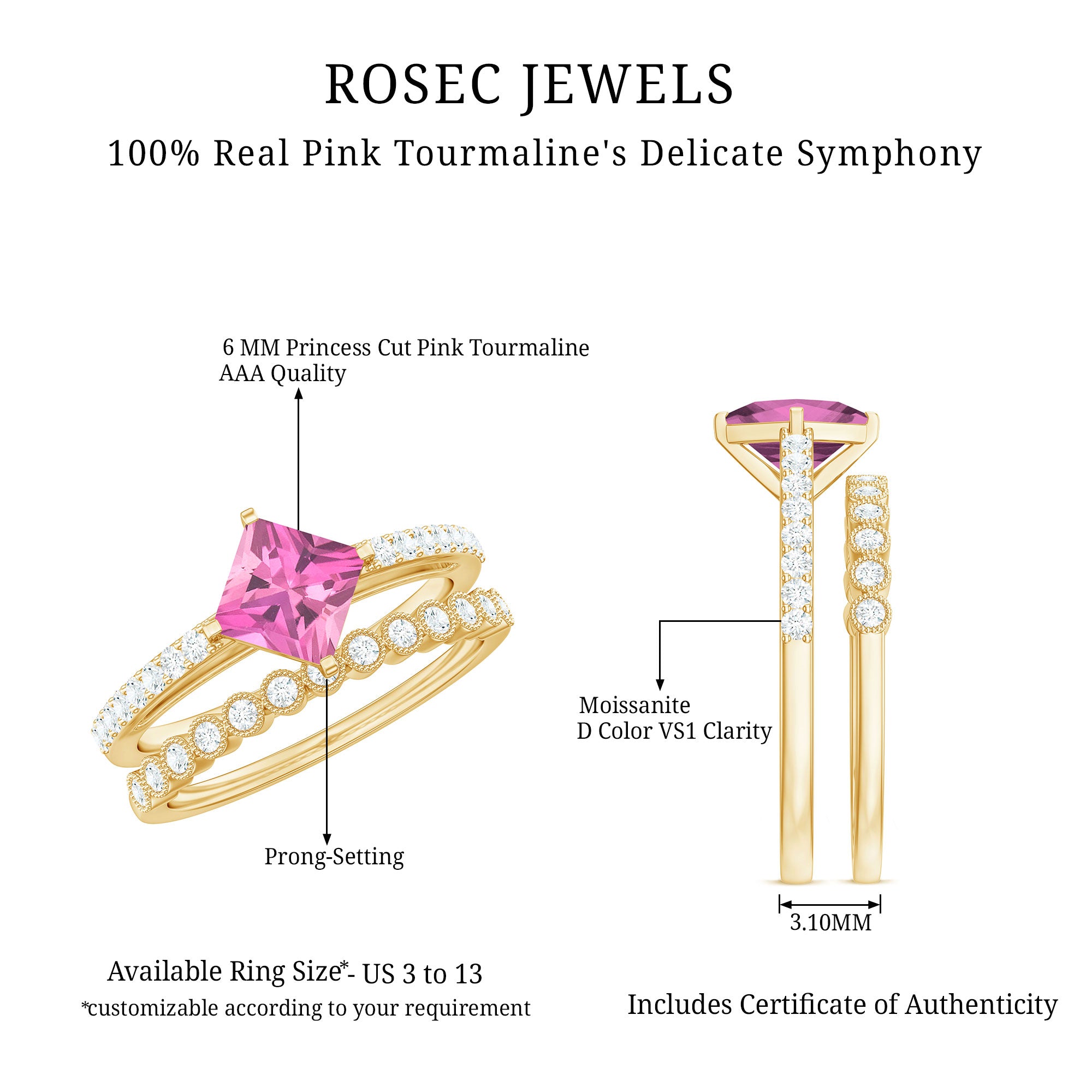 1 Carat Princess Cut Pink Tourmaline Ring with Diamond Wedding Band AAA - Rosec Jewels