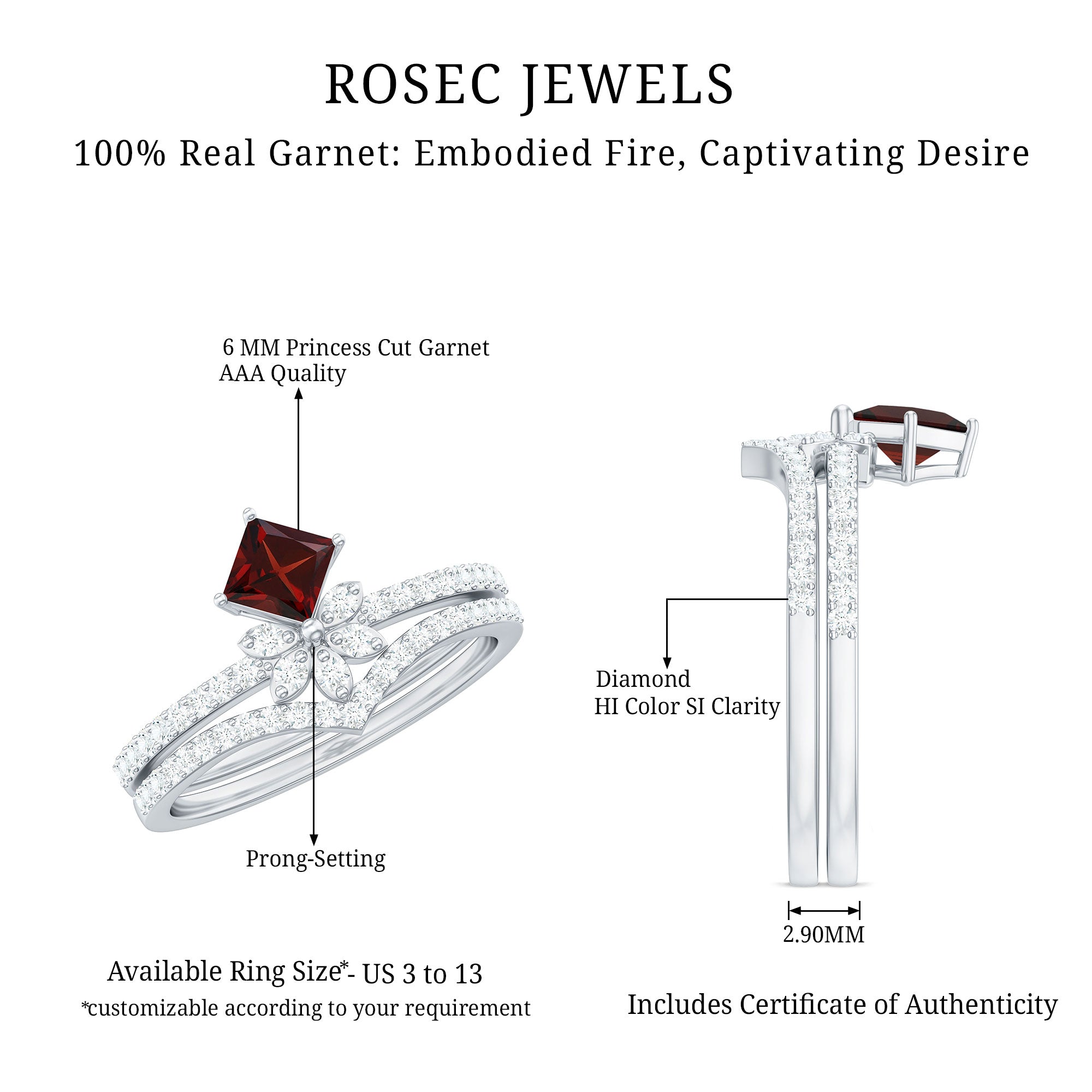 Natural Garnet Diamond Flower Engagement Ring Wedding Band Set AAA - Rosec Jewels