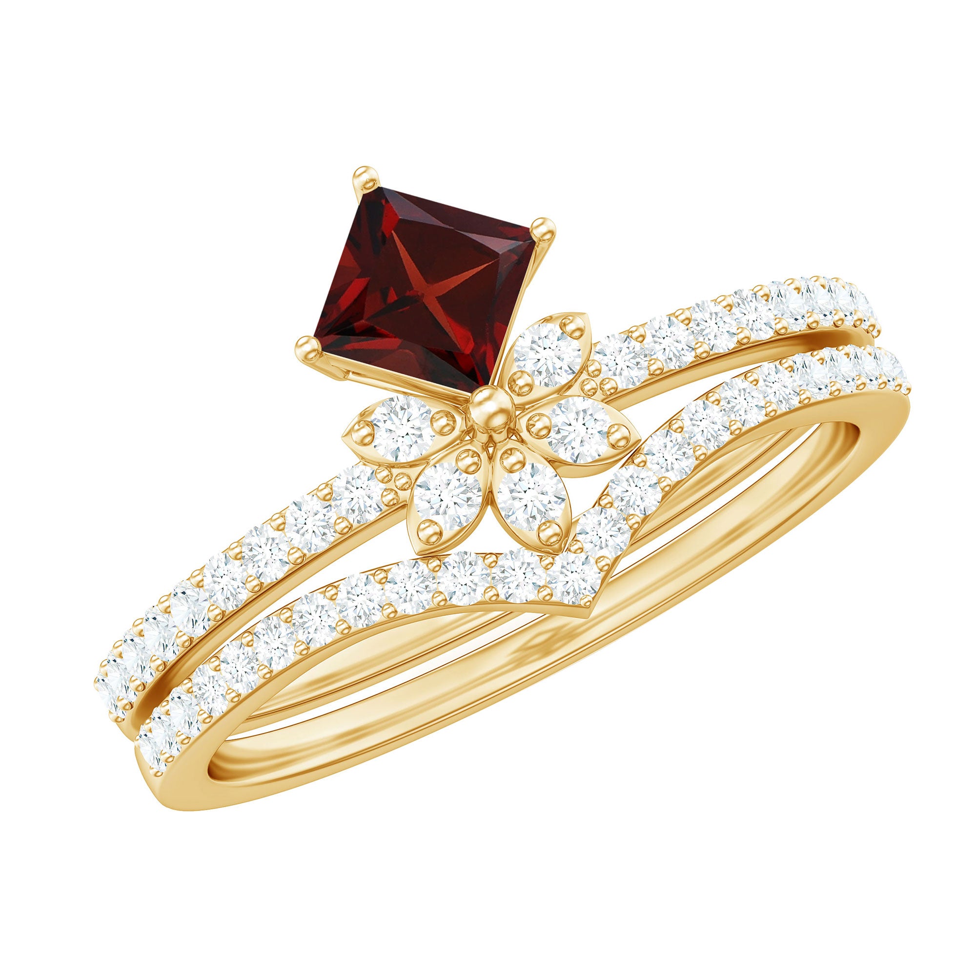 Natural Garnet Diamond Flower Engagement Ring Wedding Band Set AAA - Rosec Jewels