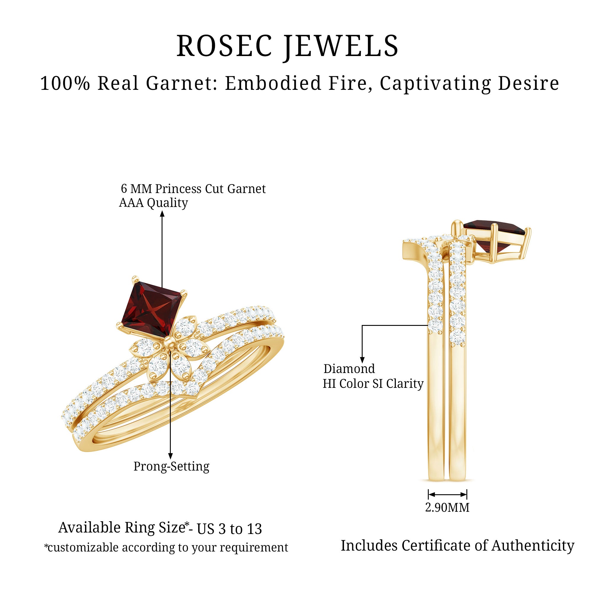 Natural Garnet Diamond Flower Engagement Ring Wedding Band Set AAA - Rosec Jewels