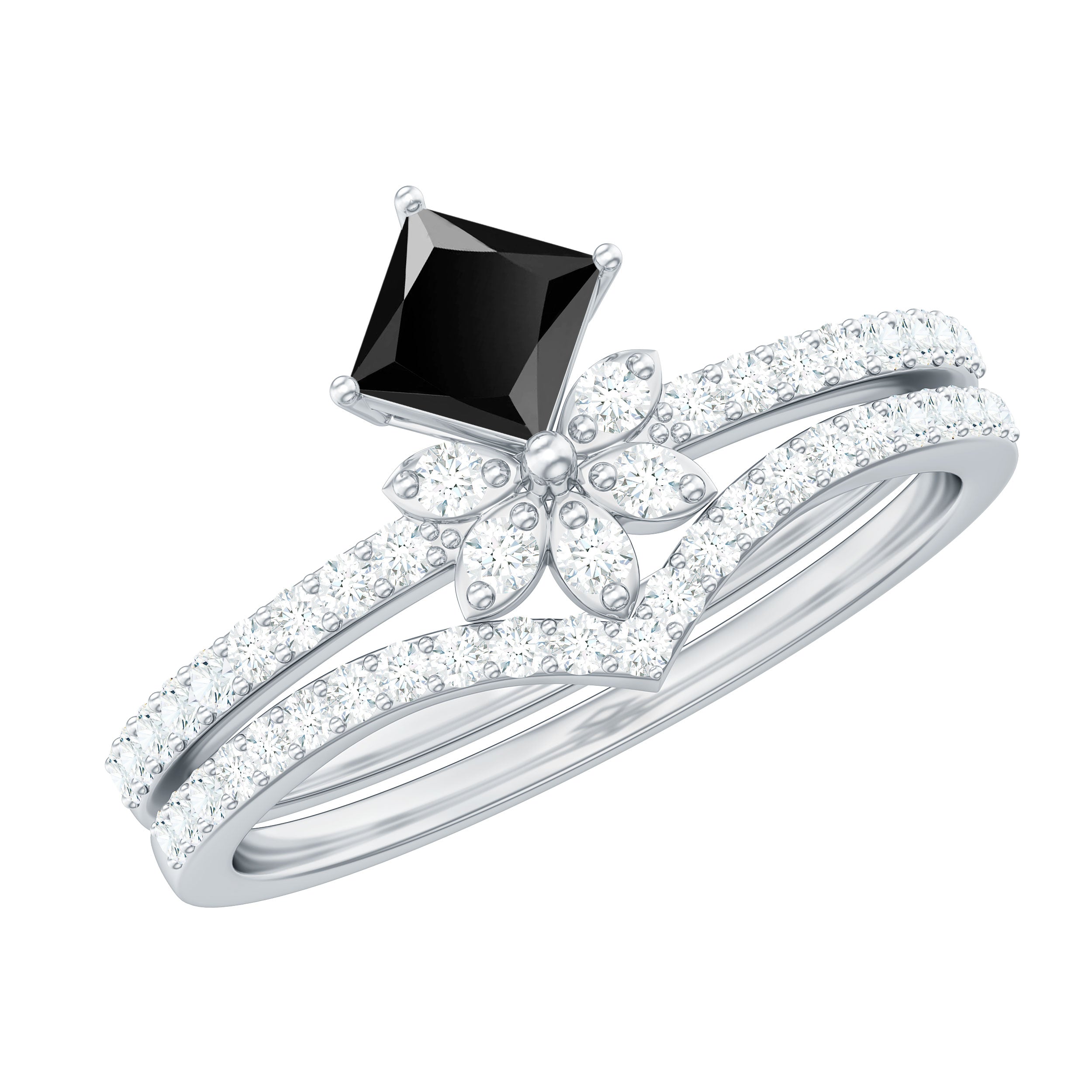 5mm Princess Cut Black Onyx Floral Rings Set with Diamond Band AAA - Rosec Jewels