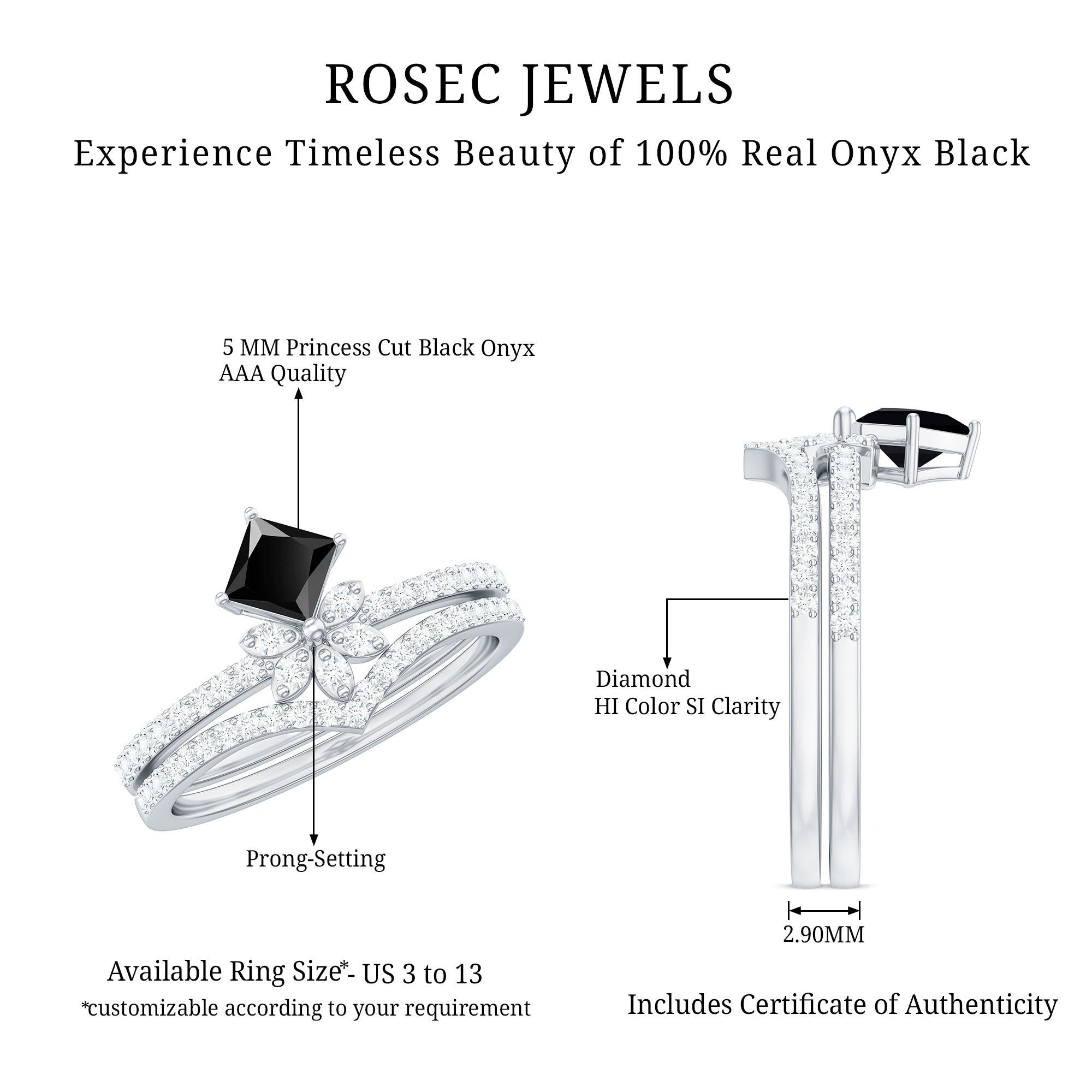5mm Princess Cut Black Onyx Floral Rings Set with Diamond Band AAA - Rosec Jewels