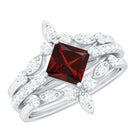 Rosec Jewels-Vintage Looking Princess Cut Garnet and Diamond 3 Piece Wedding Ring Set