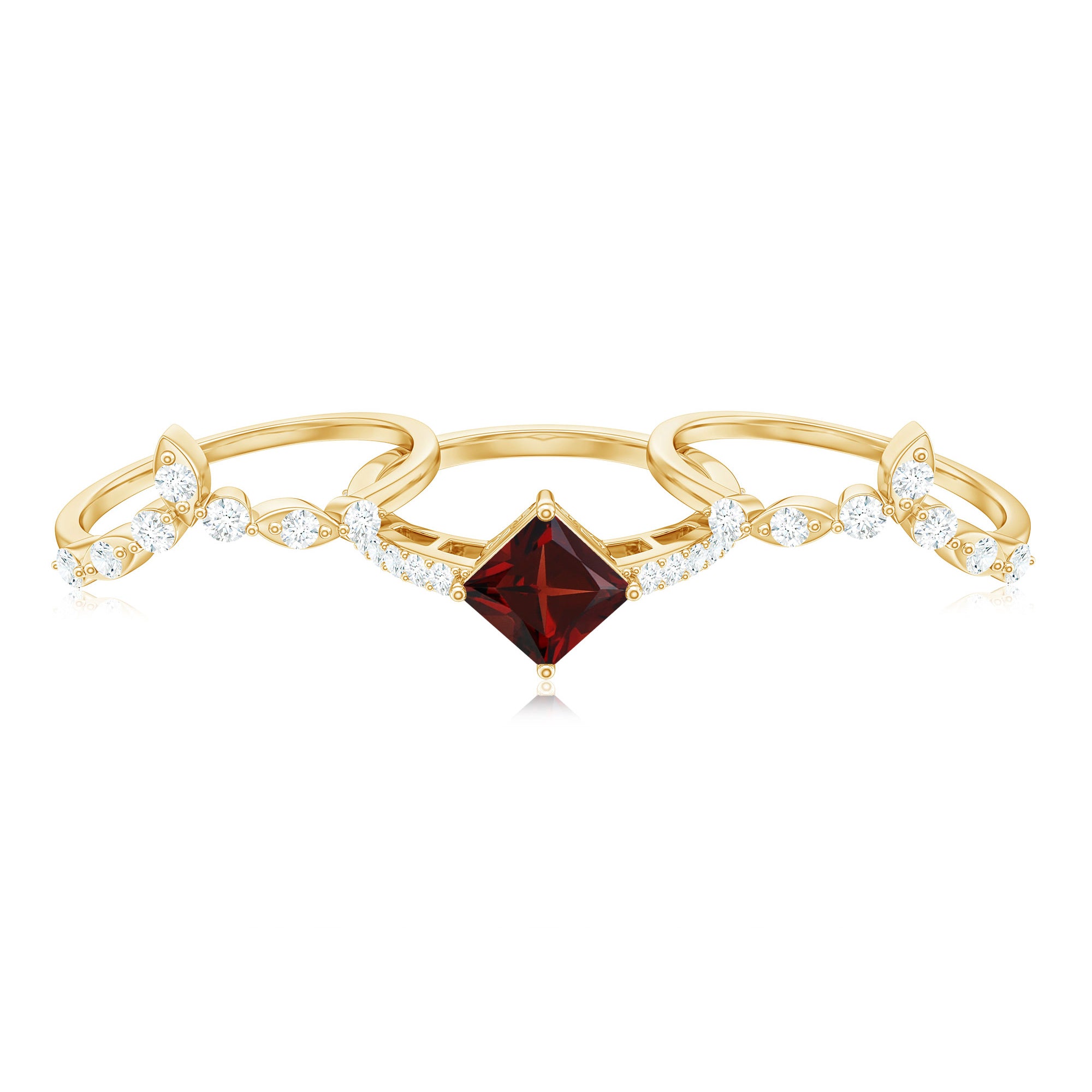Rosec Jewels-Vintage Looking Princess Cut Garnet and Diamond 3 Piece Wedding Ring Set