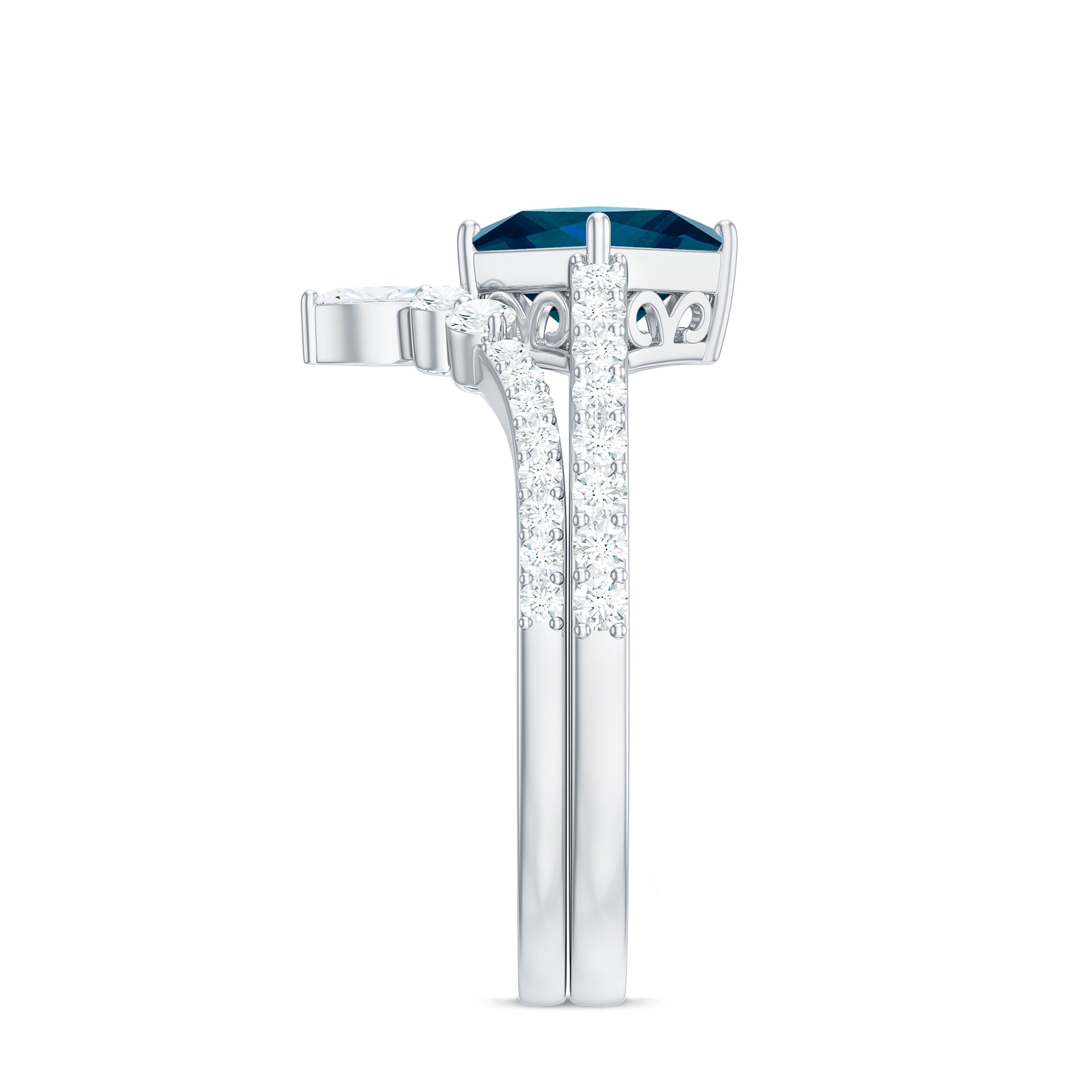 6mm Princess Cut London Blue Topaz and Diamond Wedding Ring Set AAA - Rosec Jewels