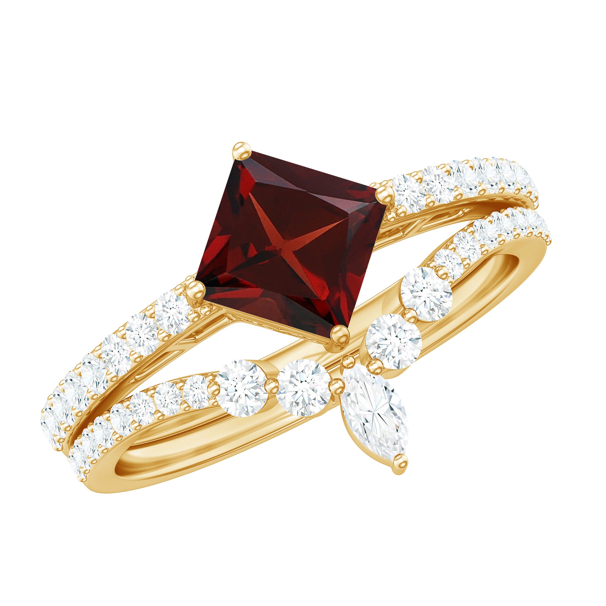 Natural Princess Cut Garnet Diamond Wedding Bridal Ring Set AAA - Rosec Jewels