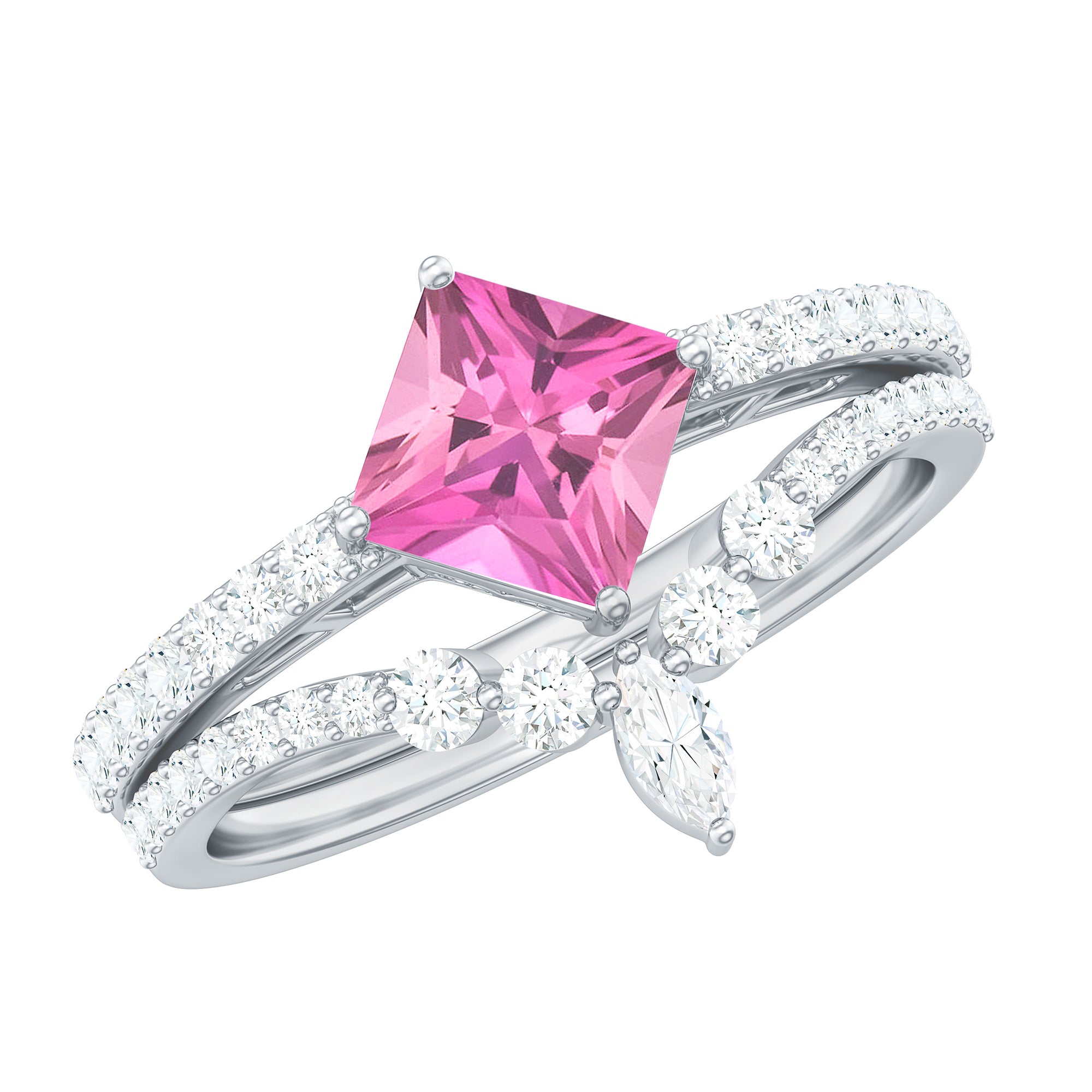 1 Carat Princess Cut Pink tourmaline and Diamond Wedding Ring Set for Women AAA - Rosec Jewels