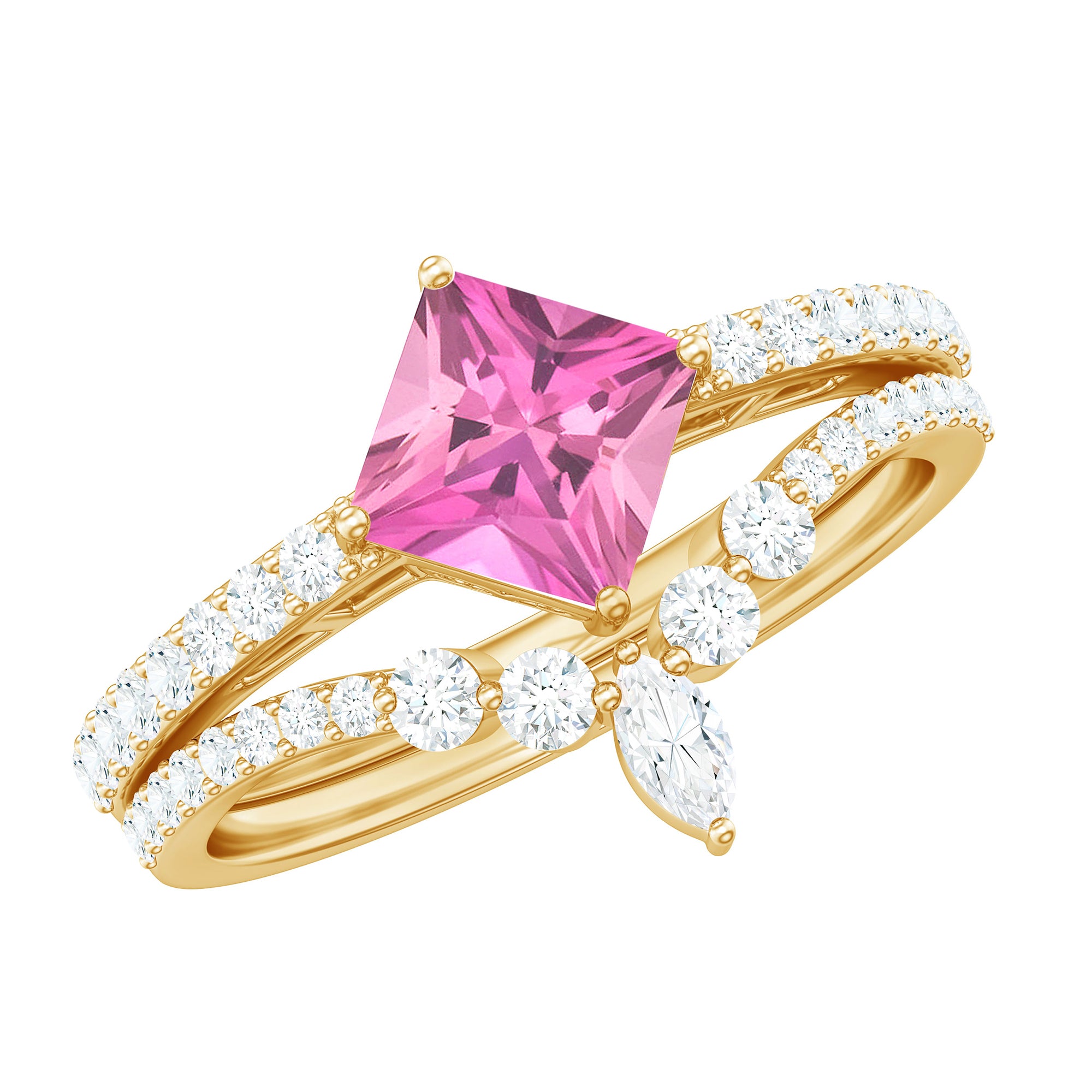 1 Carat Princess Cut Pink tourmaline and Diamond Wedding Ring Set for Women AAA - Rosec Jewels