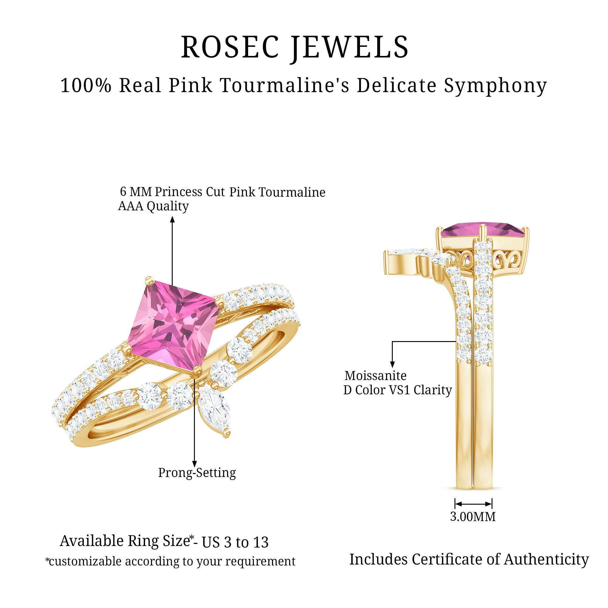 1 Carat Princess Cut Pink tourmaline and Diamond Wedding Ring Set for Women AAA - Rosec Jewels