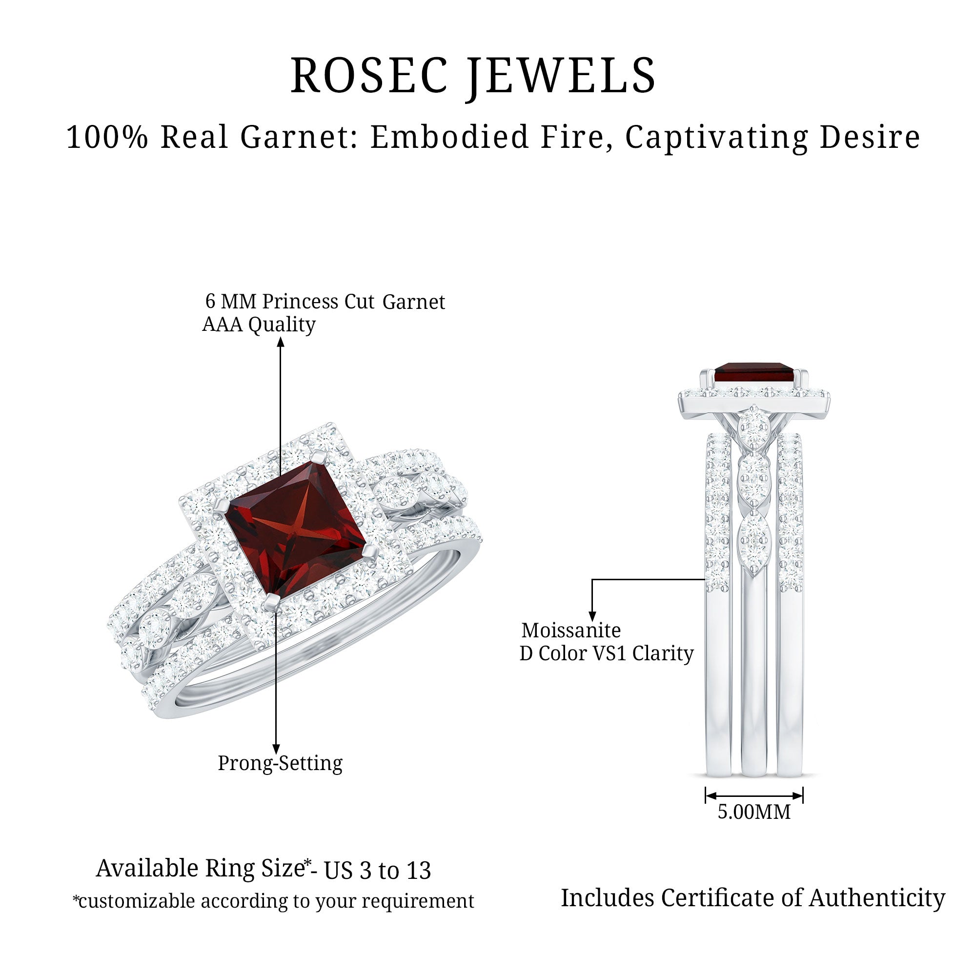 Genuine Princess Cut Garnet 3 Piece Bridal Ring Set with Moissanite AAA - Rosec Jewels
