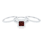 Genuine Princess Cut Garnet 3 Piece Bridal Ring Set with Moissanite AAA - Rosec Jewels