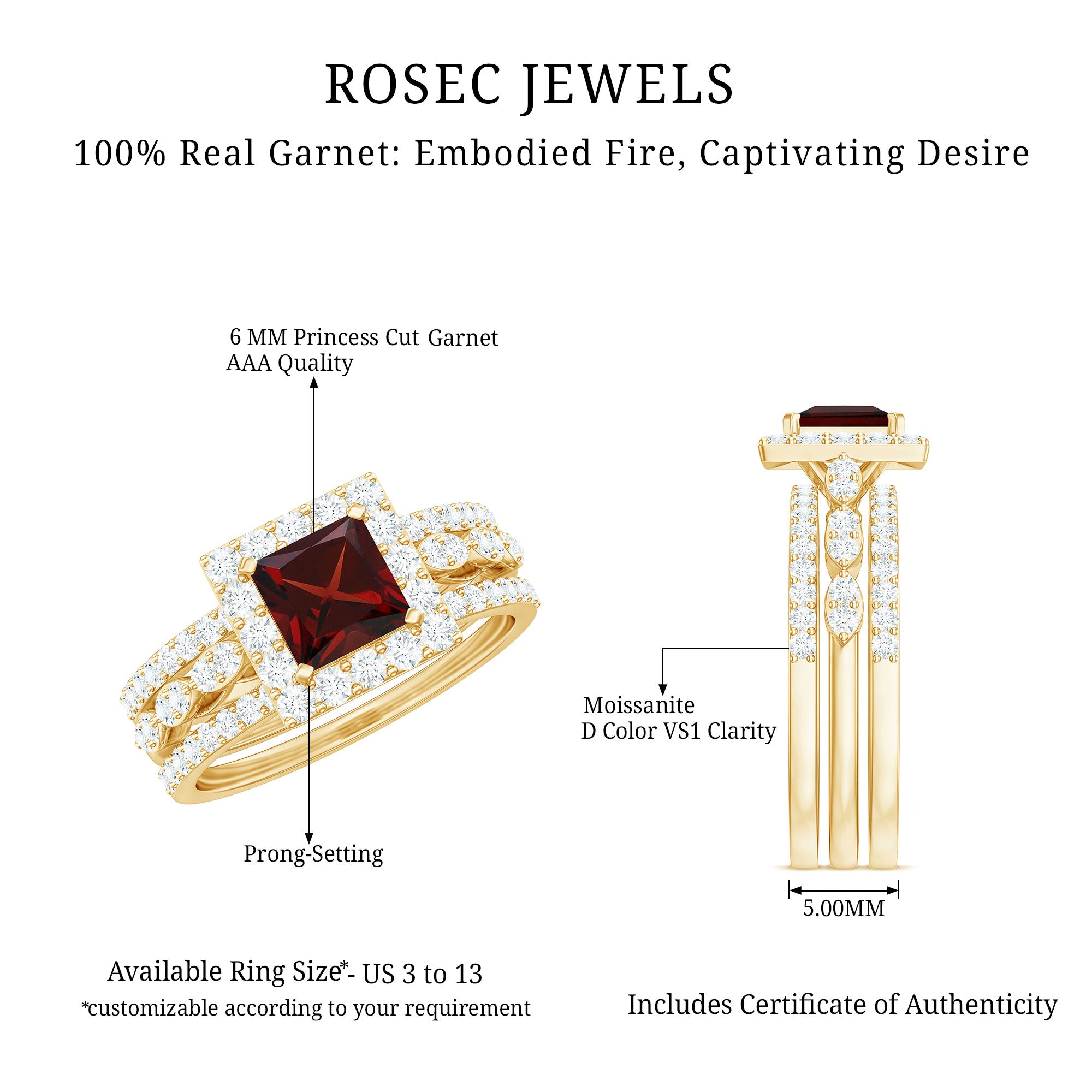 Genuine Princess Cut Garnet 3 Piece Bridal Ring Set with Moissanite AAA - Rosec Jewels