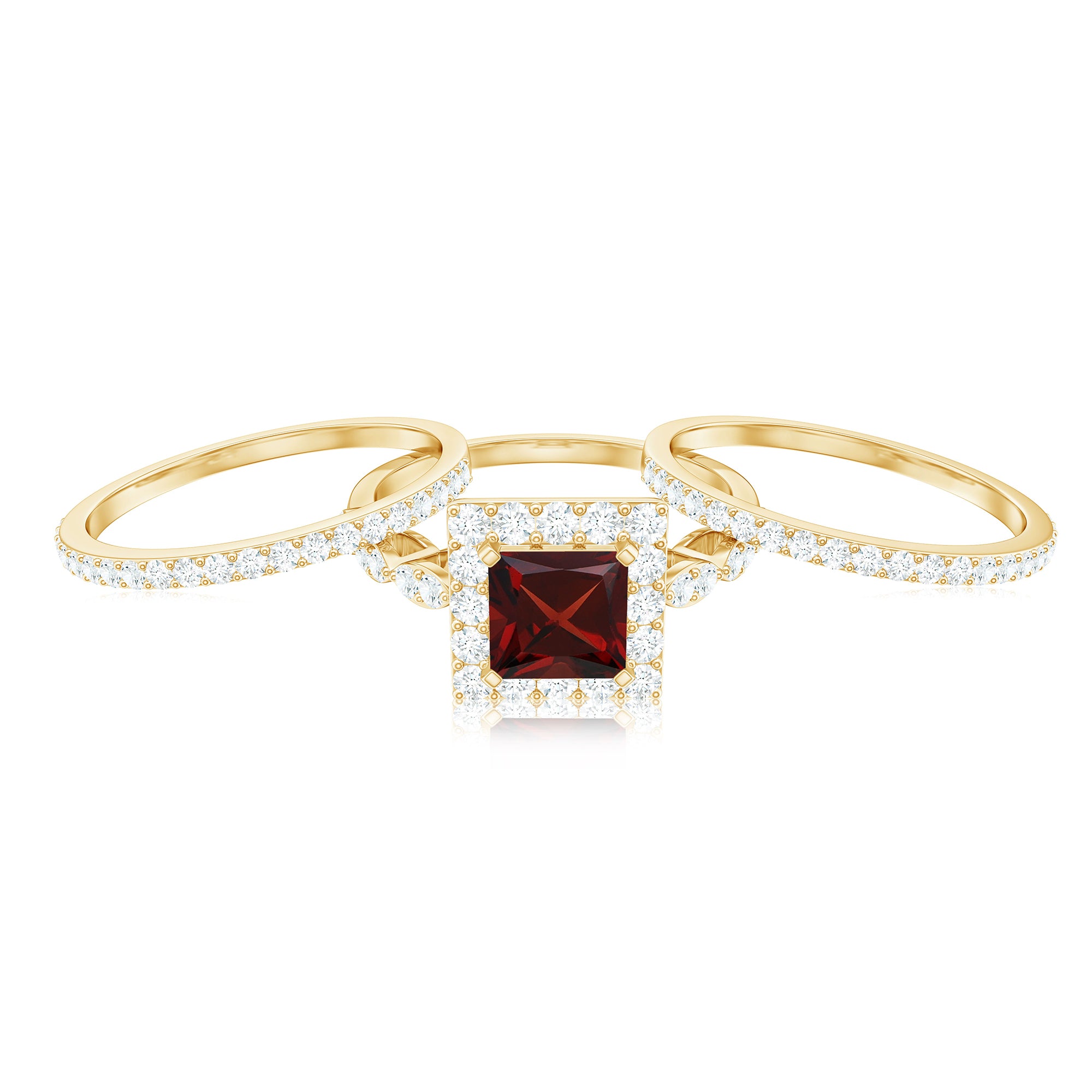 Genuine Princess Cut Garnet 3 Piece Bridal Ring Set with Moissanite AAA - Rosec Jewels