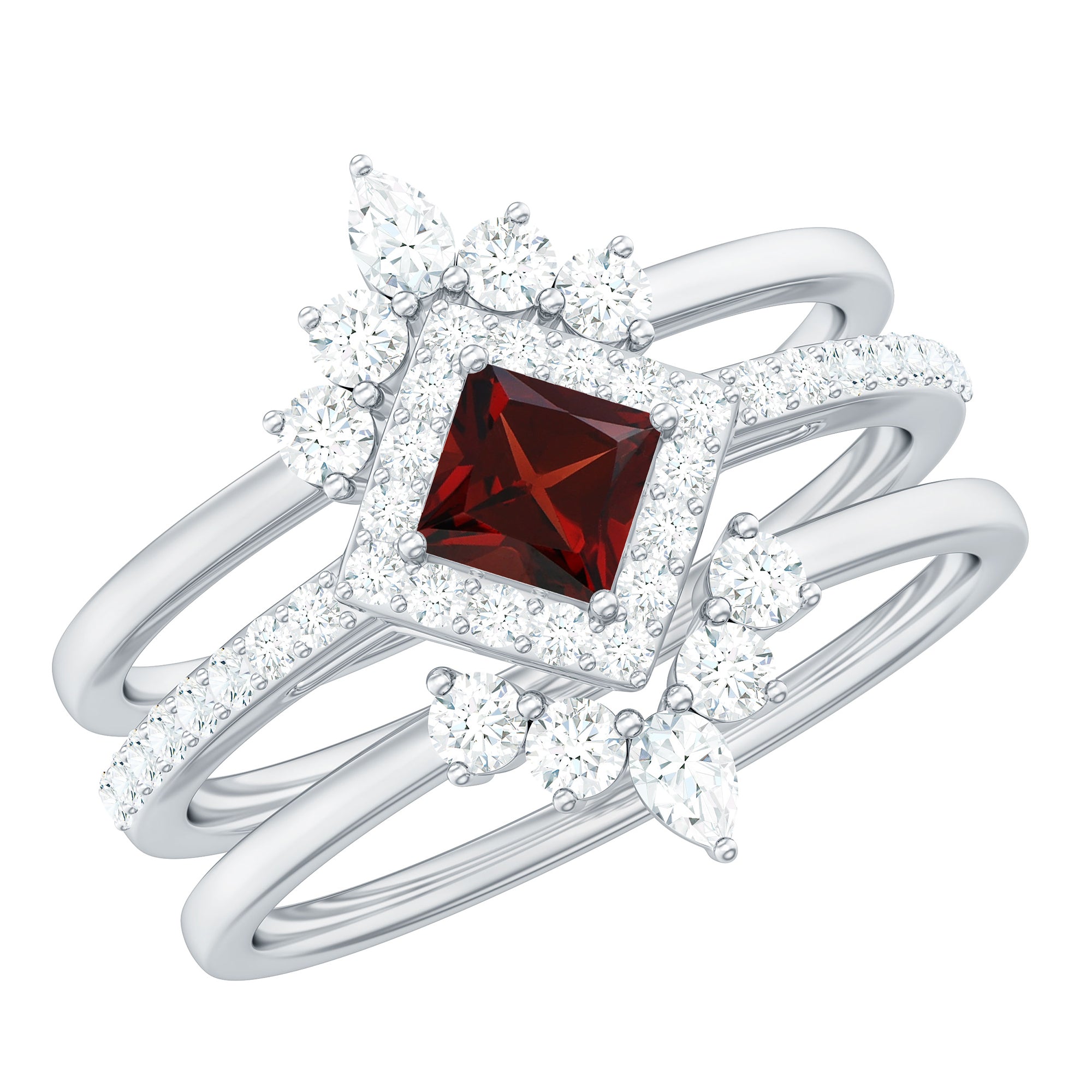 Natural Garnet Diamond 3 Piece Bridal Ring Set AAA - Rosec Jewels