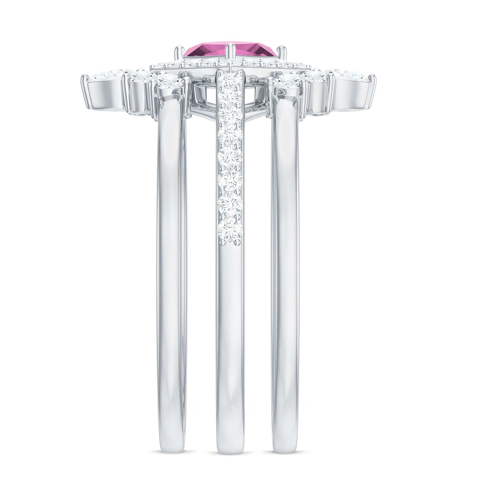 Real Pink tourmaline and Moissanite Trio Wedding Ring Set AAA - Rosec Jewels