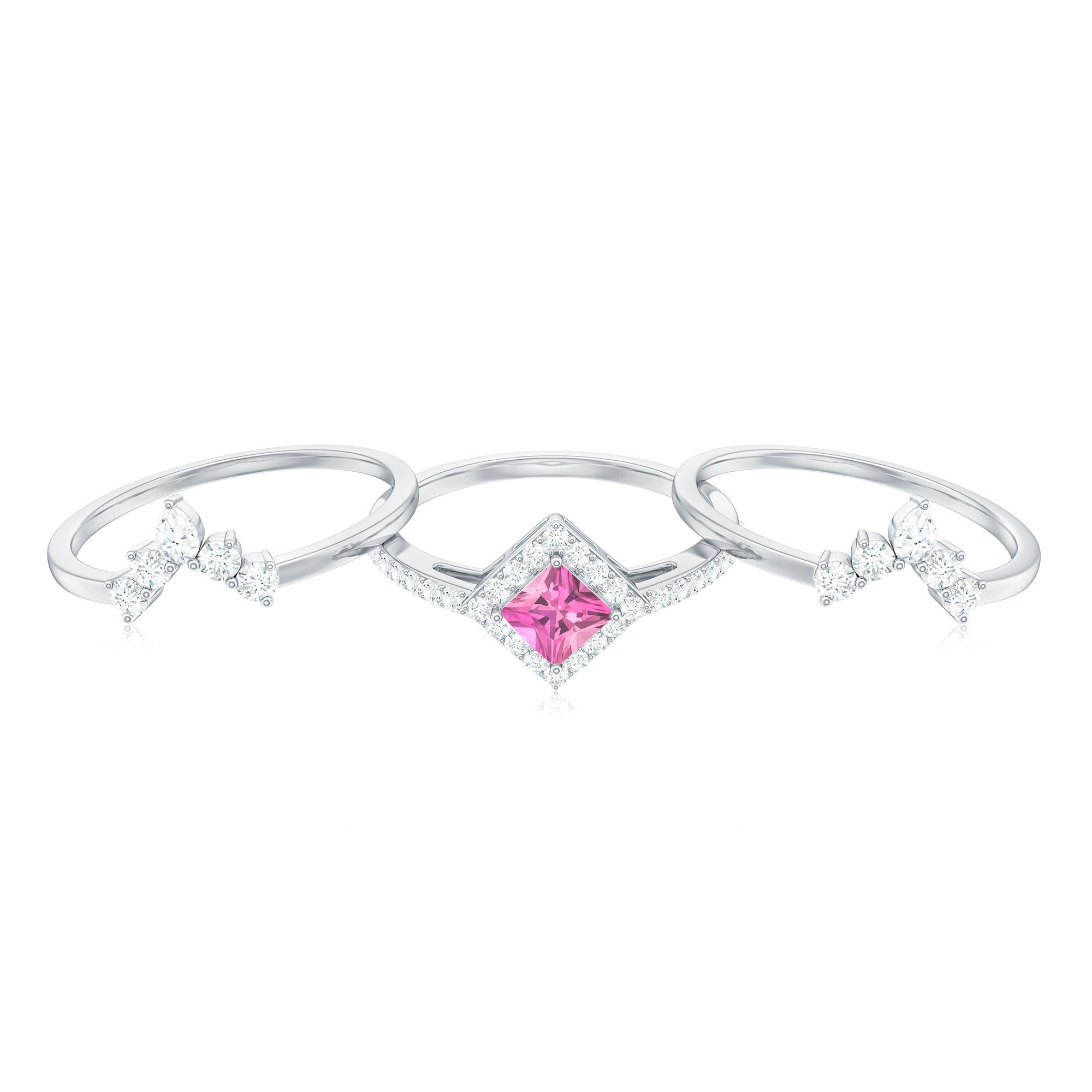 Real Pink tourmaline and Moissanite Trio Wedding Ring Set AAA - Rosec Jewels