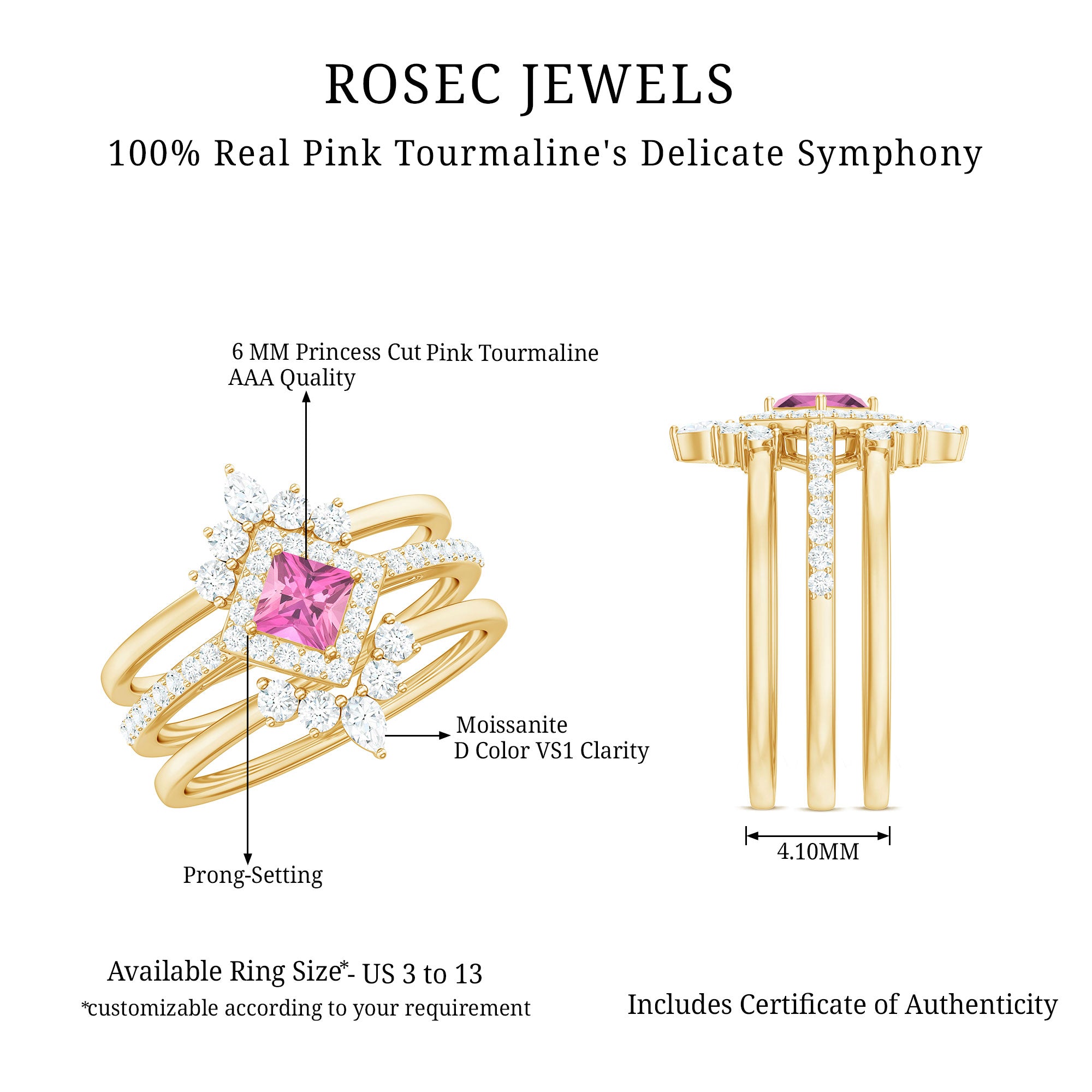 Real Pink tourmaline and Moissanite Trio Wedding Ring Set AAA - Rosec Jewels
