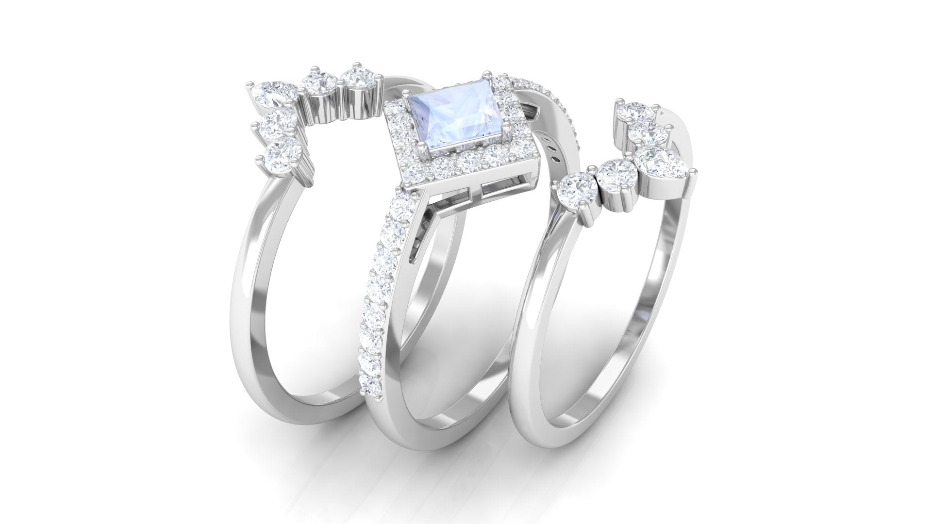 Natural Moonstone and Moissanite Trio Wedding Ring Set AAA - Rosec Jewels
