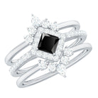 Certified 5mm Princess Cut Black Onyx Wedding Rings Set with Moissanite Band AAA - Rosec Jewels
