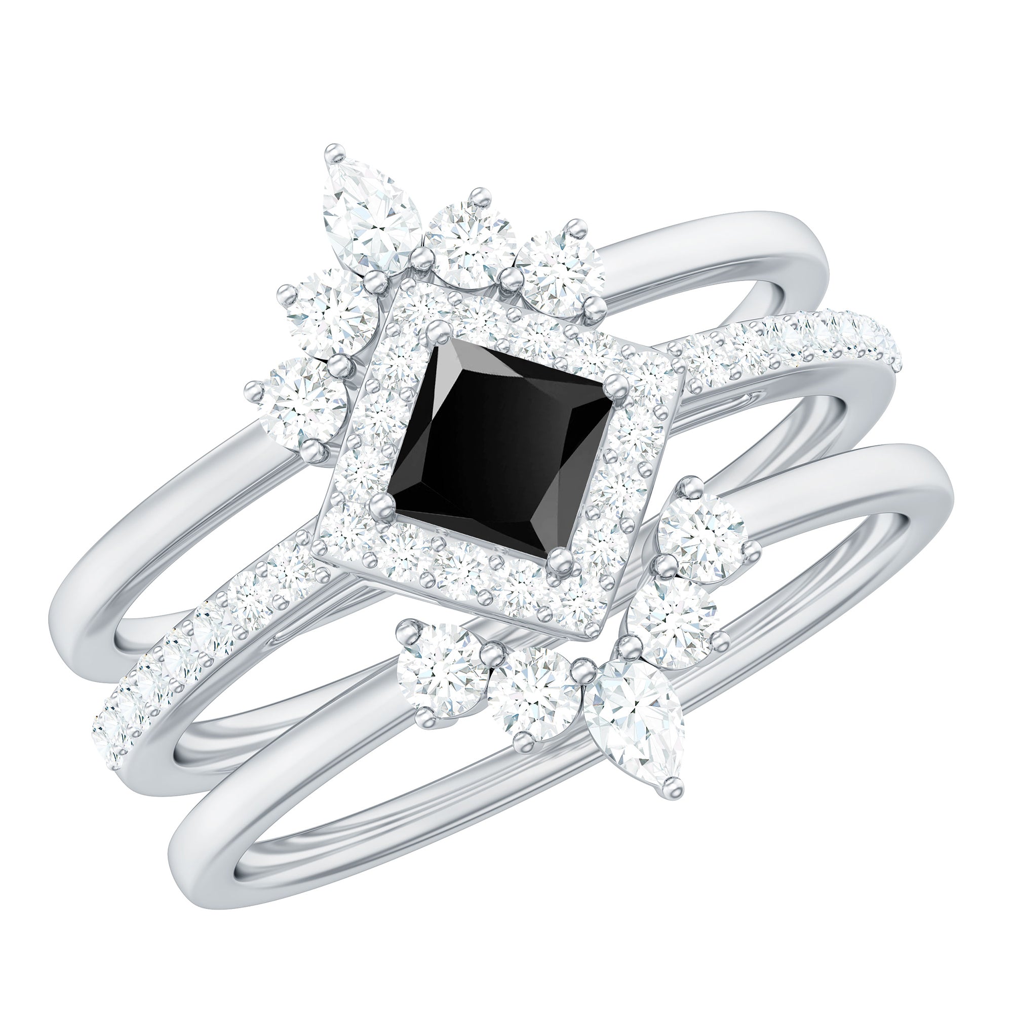 Certified 5mm Princess Cut Black Onyx Wedding Rings Set with Moissanite Band AAA - Rosec Jewels