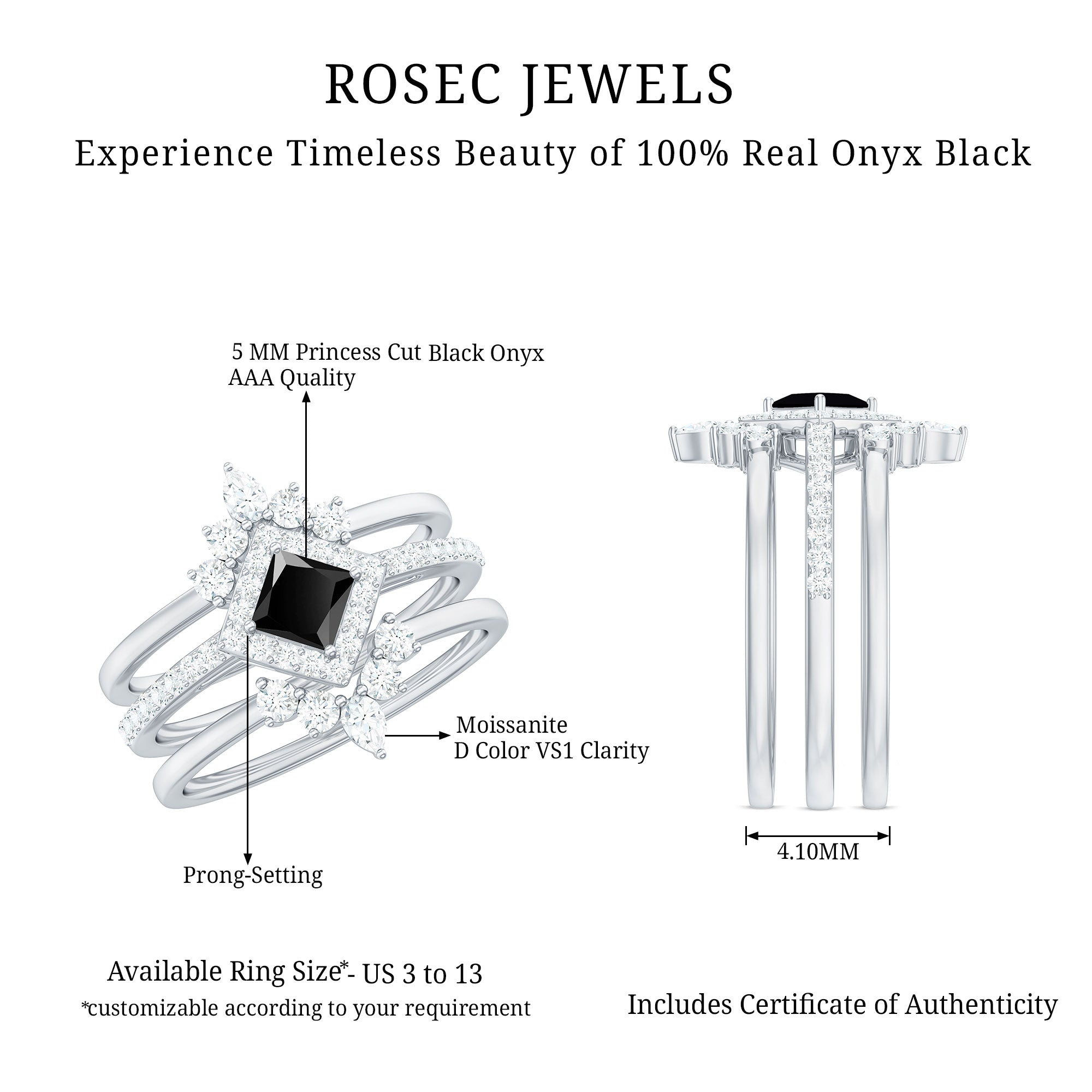 Certified 5mm Princess Cut Black Onyx Wedding Rings Set with Moissanite Band AAA - Rosec Jewels