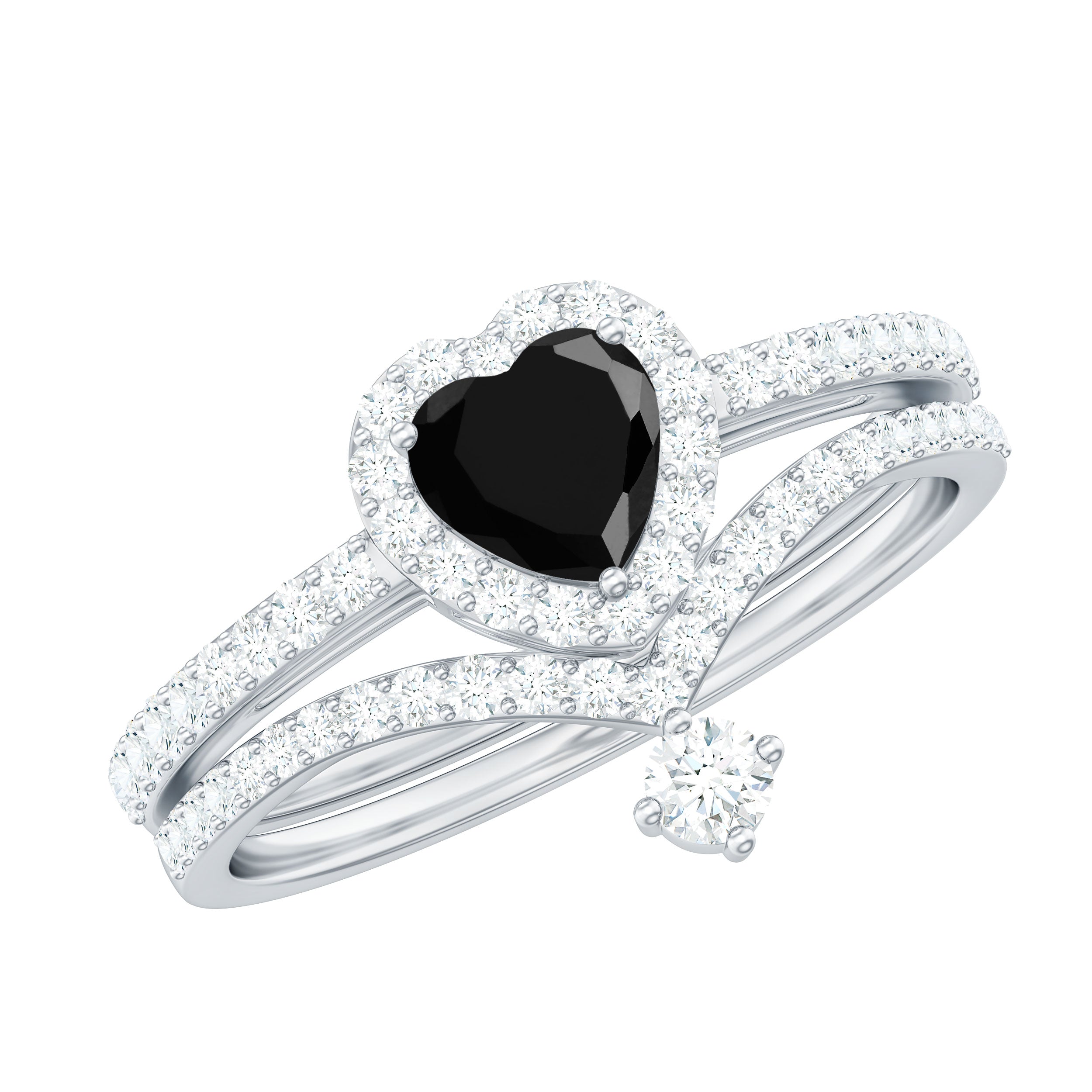 Rosec Jewels-Created Black Diamond Heart Engagement Ring Set with Diamond
