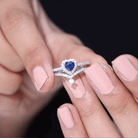 Real Heart Shape Blue Sapphire and Diamond Halo Wedding Ring Set AAA - Rosec Jewels