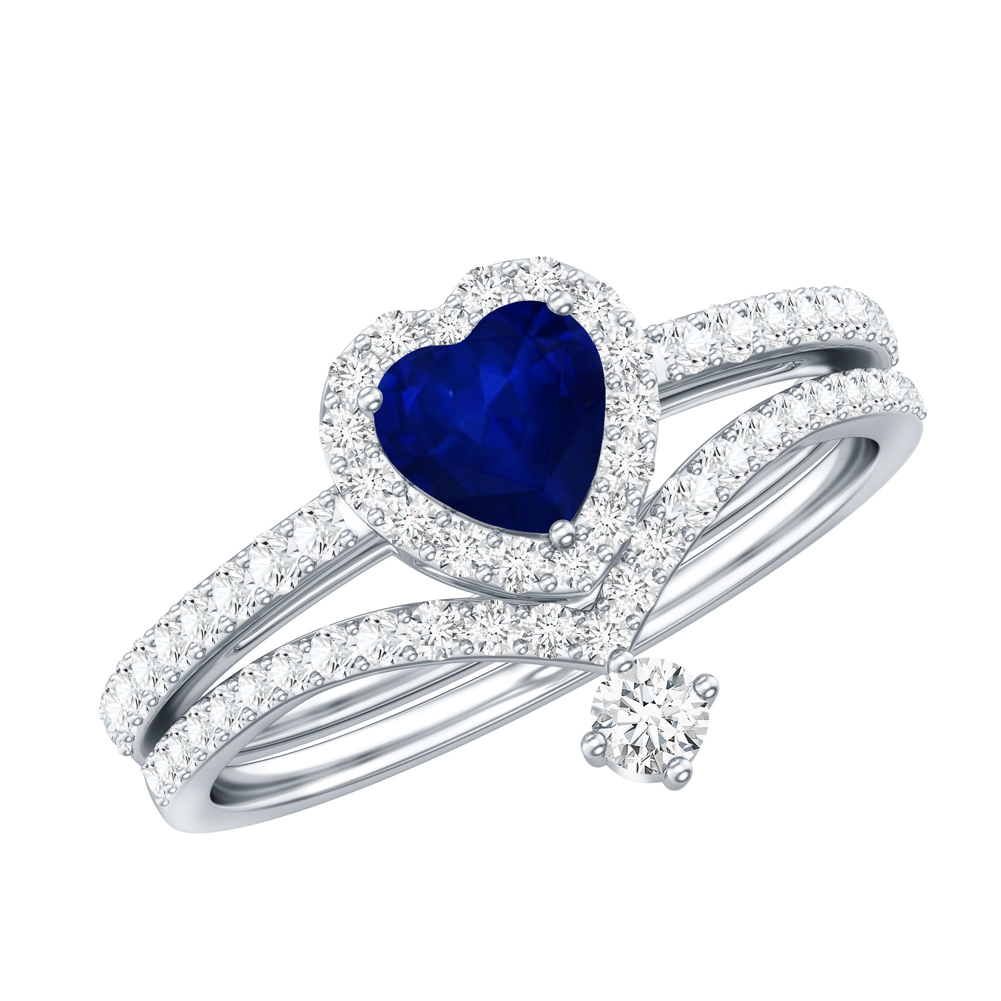 Real Heart Shape Blue Sapphire and Diamond Halo Wedding Ring Set AAA - Rosec Jewels