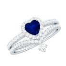 Real Heart Shape Blue Sapphire and Diamond Halo Wedding Ring Set AAA - Rosec Jewels