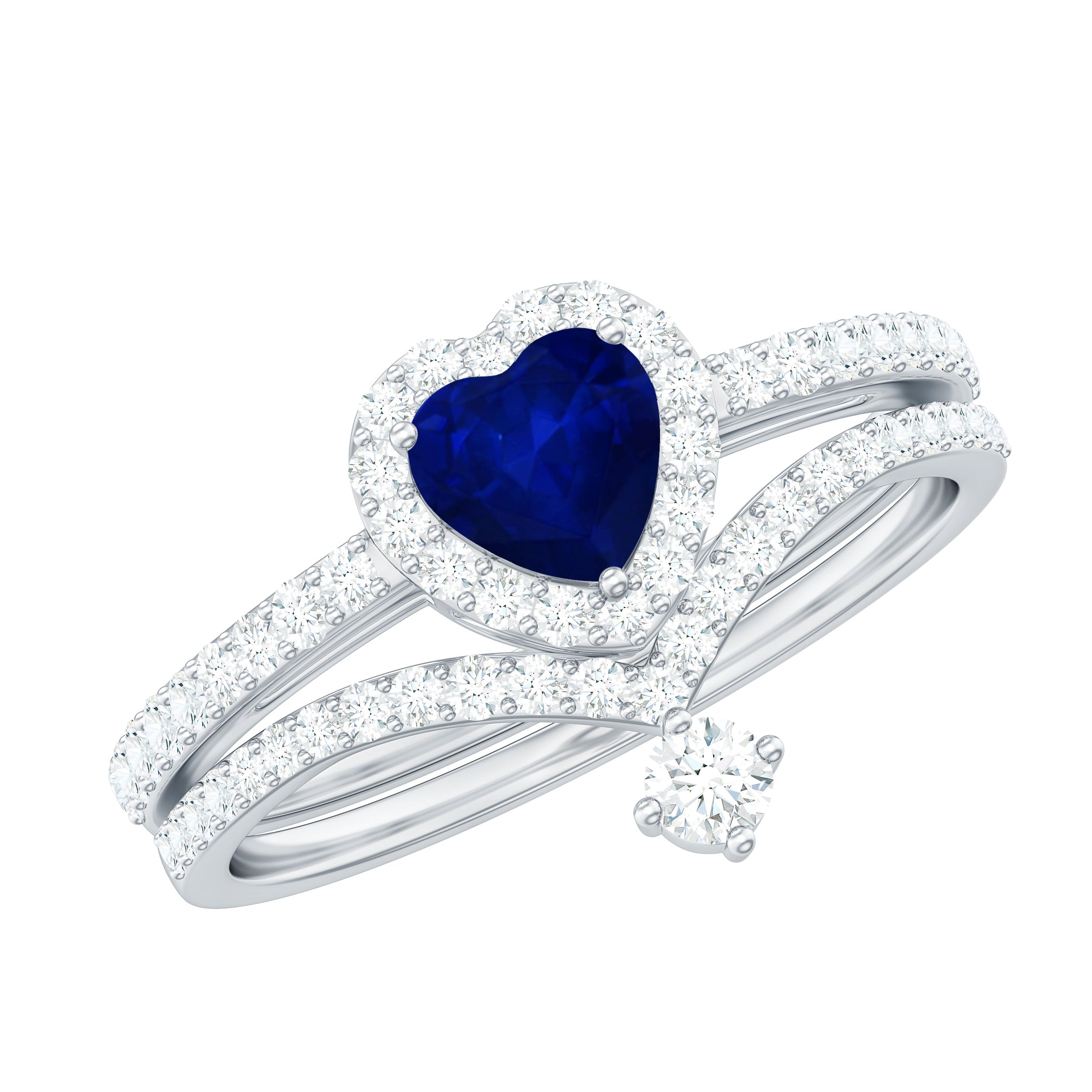 Real Heart Shape Blue Sapphire and Diamond Halo Wedding Ring Set AAA - Rosec Jewels