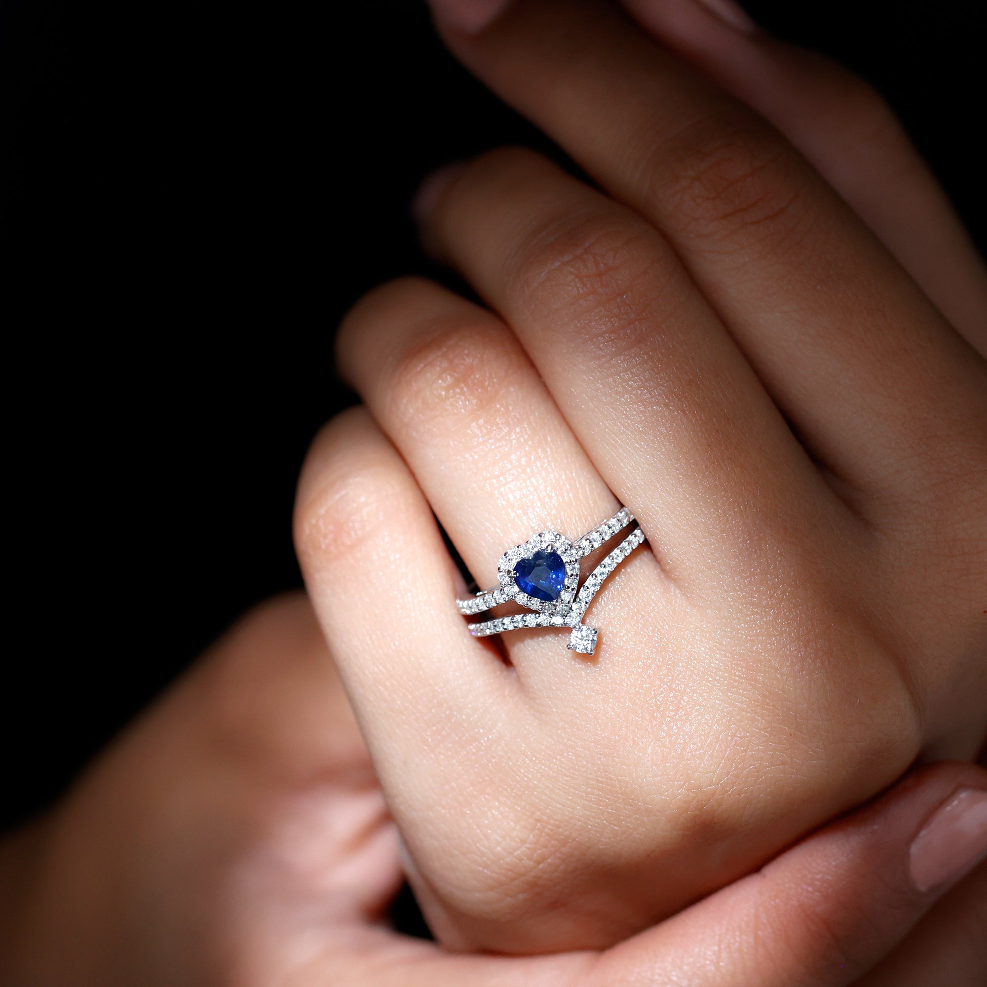 Real Heart Shape Blue Sapphire and Diamond Halo Wedding Ring Set AAA - Rosec Jewels